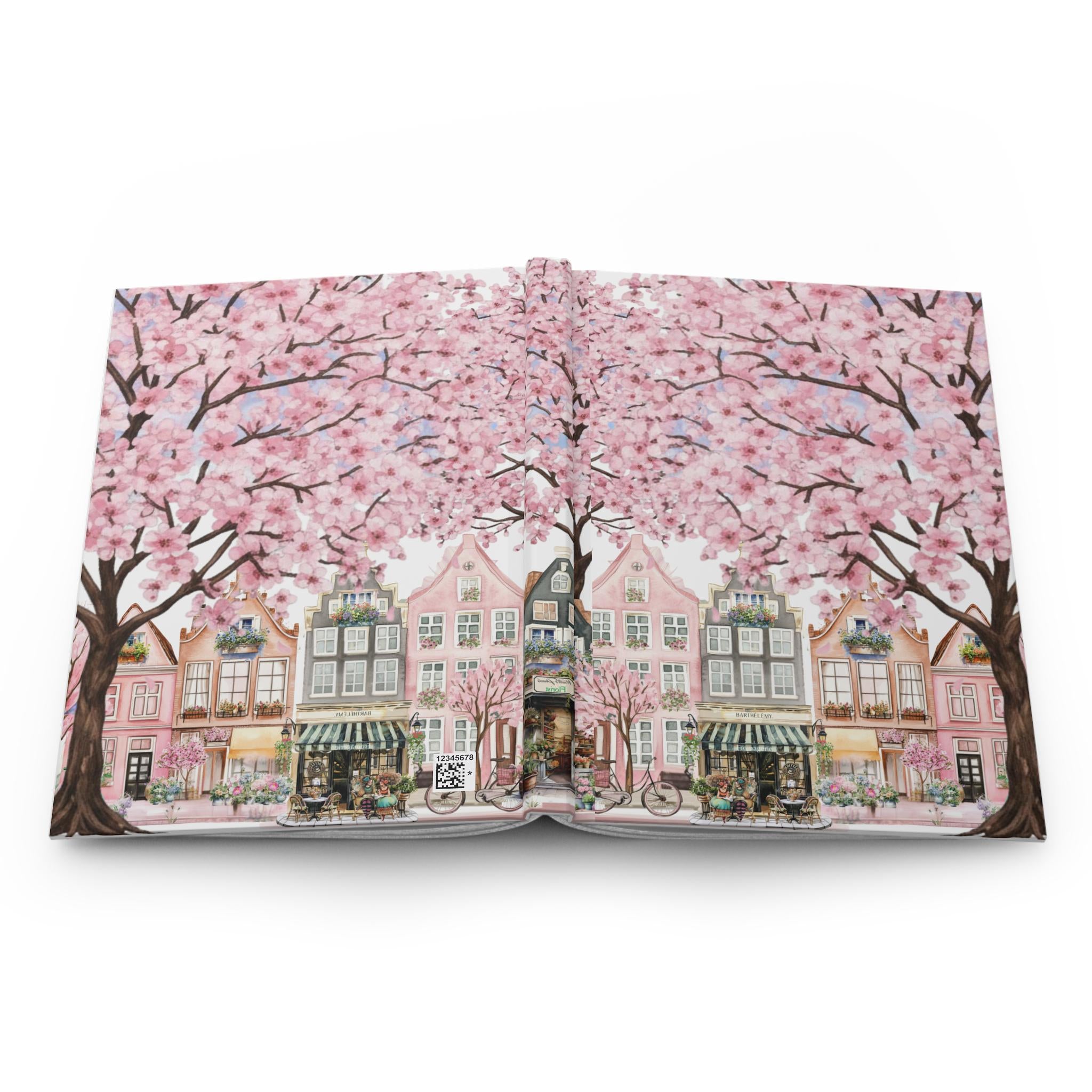 Cherry Blossom Street Scene Hardcover Journal | Sakura Trees & Painted Ladies