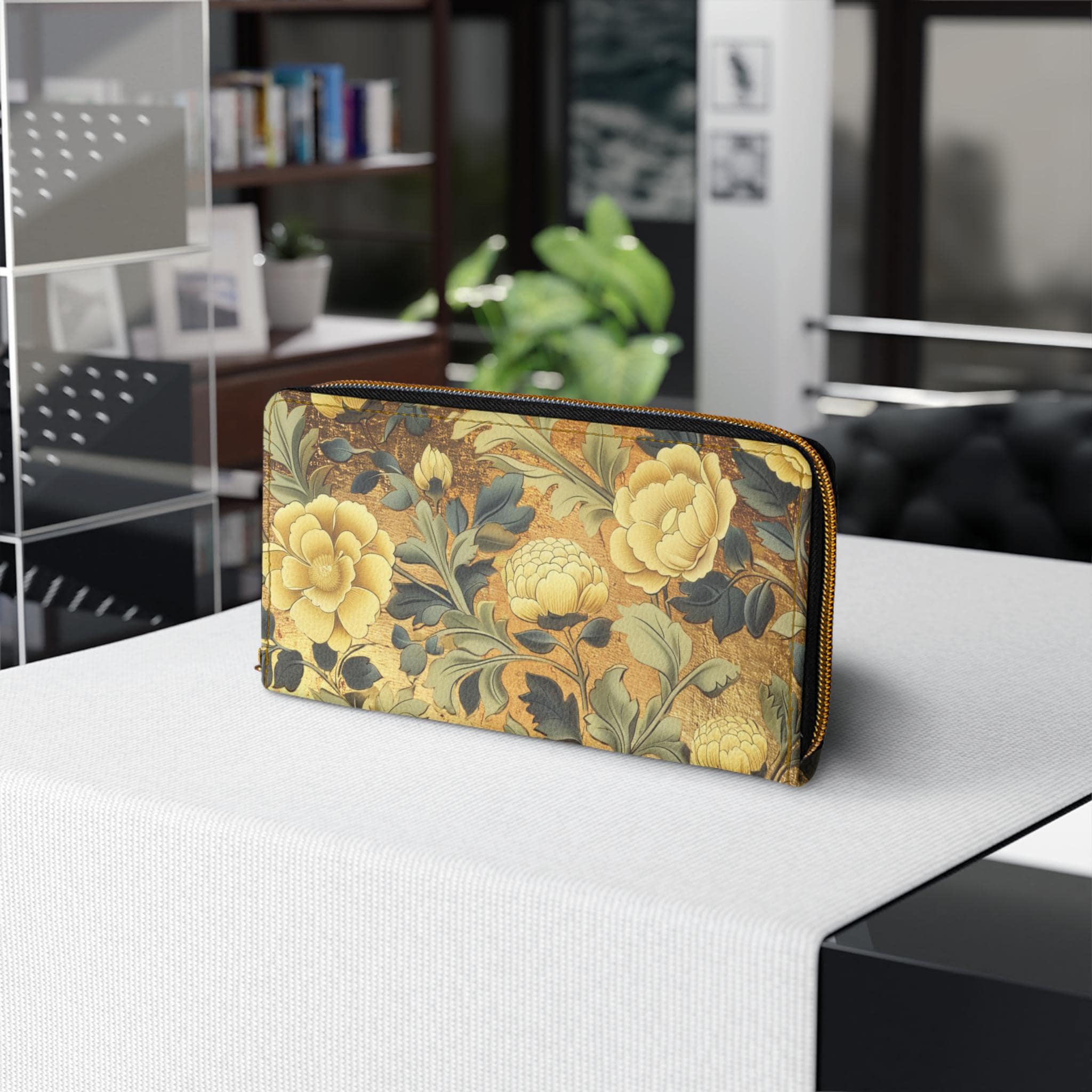 Golden Yellow William Morris Wallet | Floral Zipper Wallet | Botanical Clutch | Cottagecore Gift for Her | Vegan Leather Card Holder