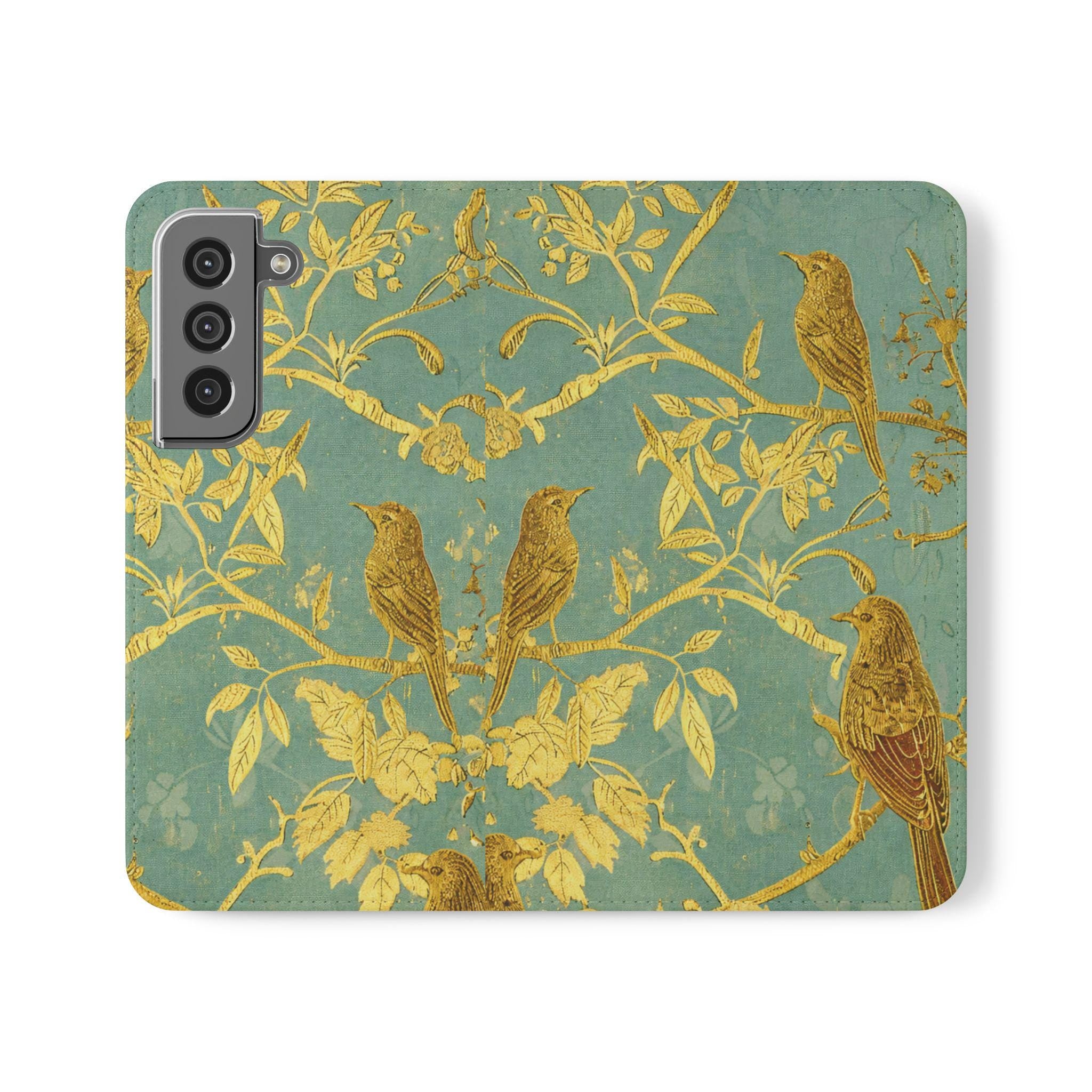Floral Birds Faux Leather Phone Wallet Case Elegant Bookish Flip Case with Card Slots