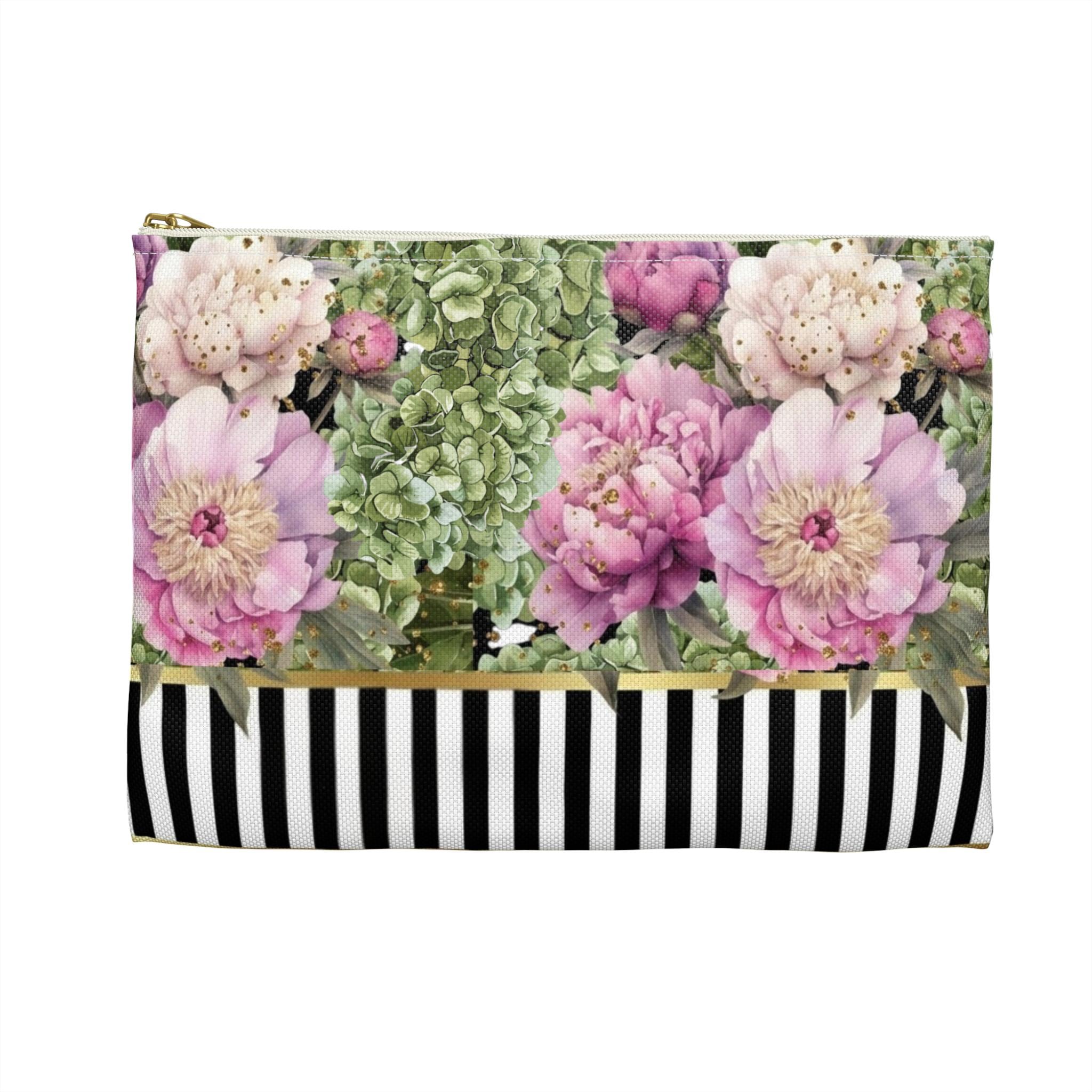 Pink Peonies & Green Hydrangeas Accessory Pouch | Black White Stripes