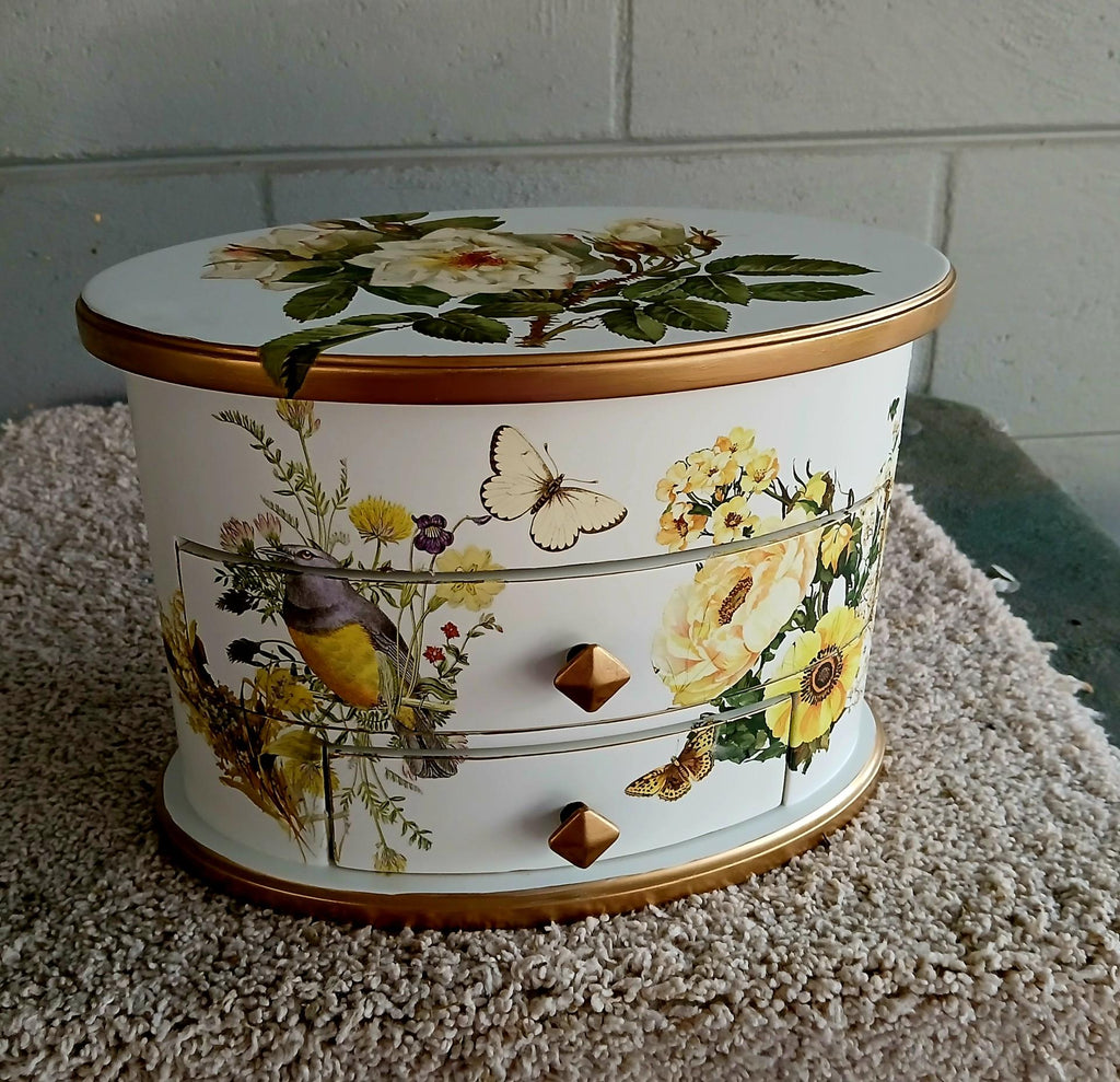 Oval Jewelry Box with Mirror | Hand-Painted Wooden Floral Bird Design, Vintage Vanity Chest