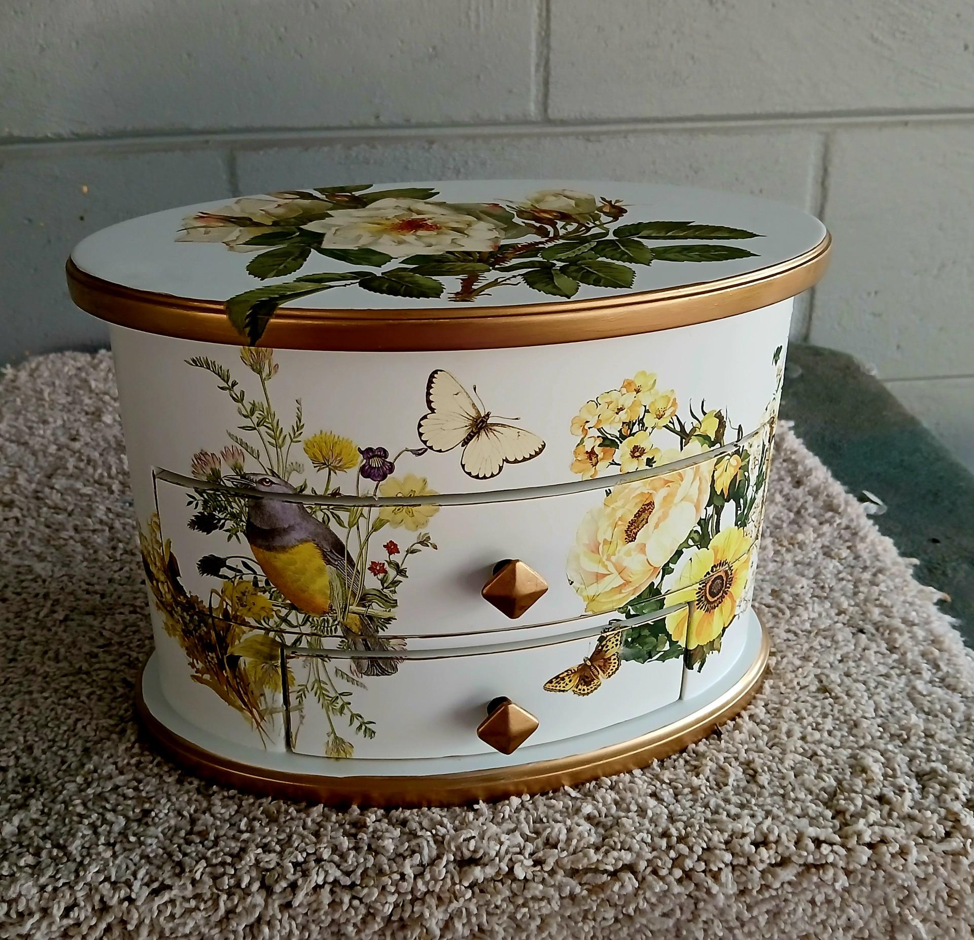 Oval Jewelry Box with Mirror | Hand-Painted Wooden Floral Bird Design, Vintage Vanity Chest