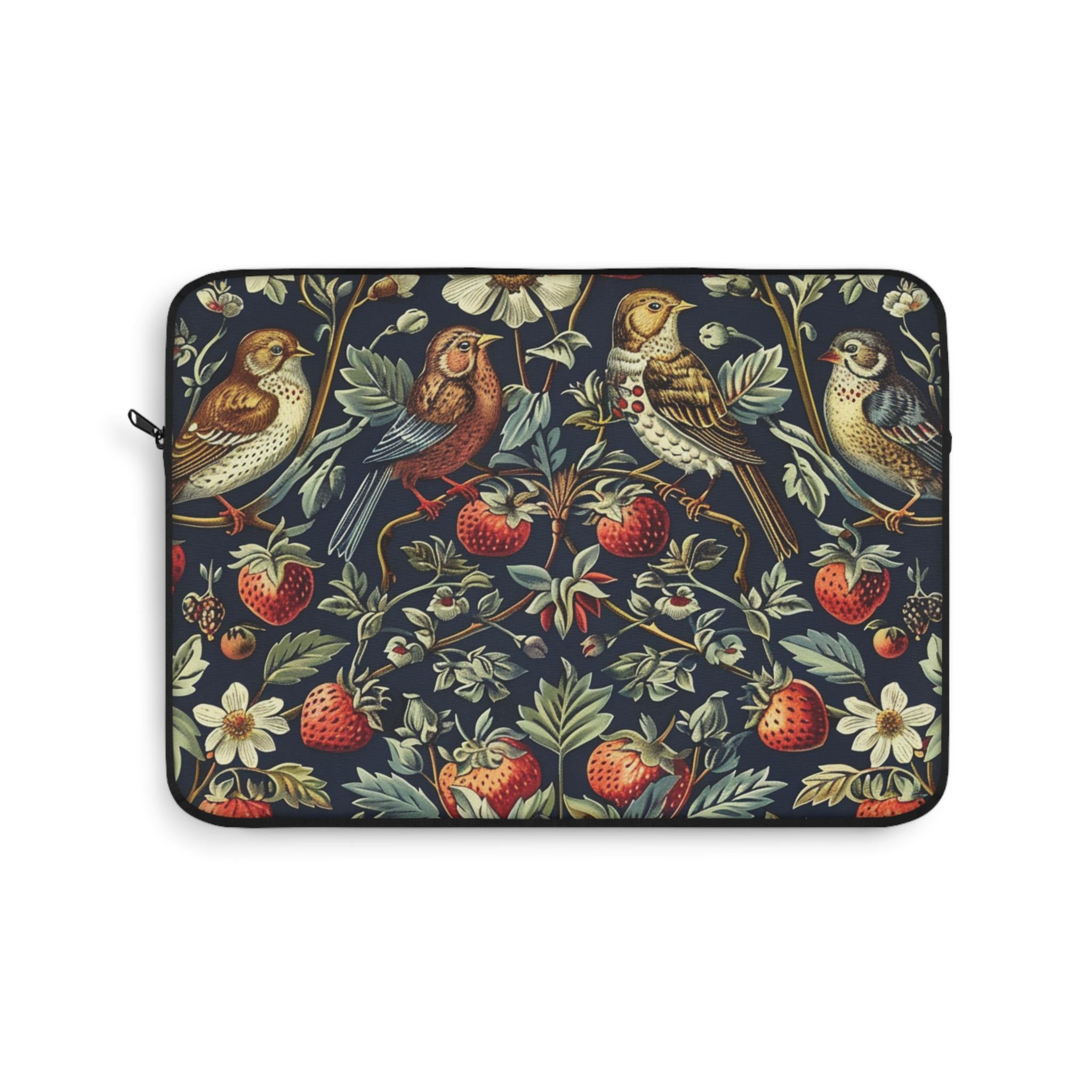 Strawberry Thieves William Morris Laptop Sleeve | Red Cream Botanical Zip Sleeve Fleece Interior
