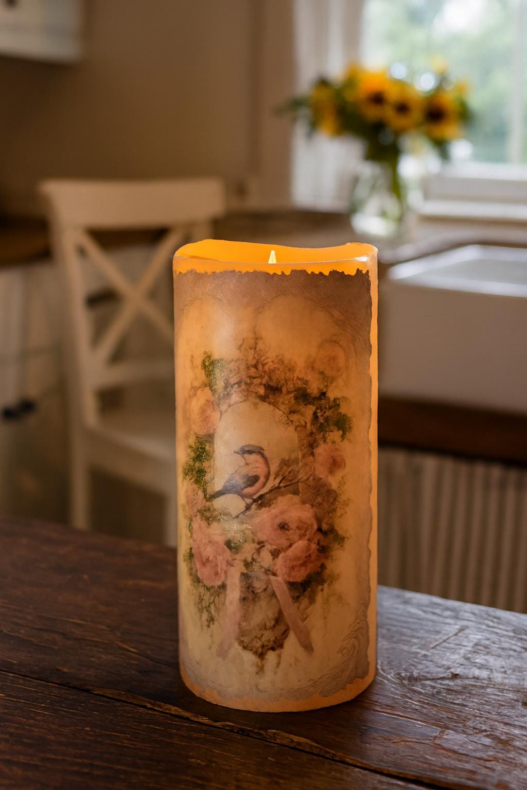 Victorian Bird LED Wax Pillar, Decorated Flameless Candle Centerpiece, Candle Decor