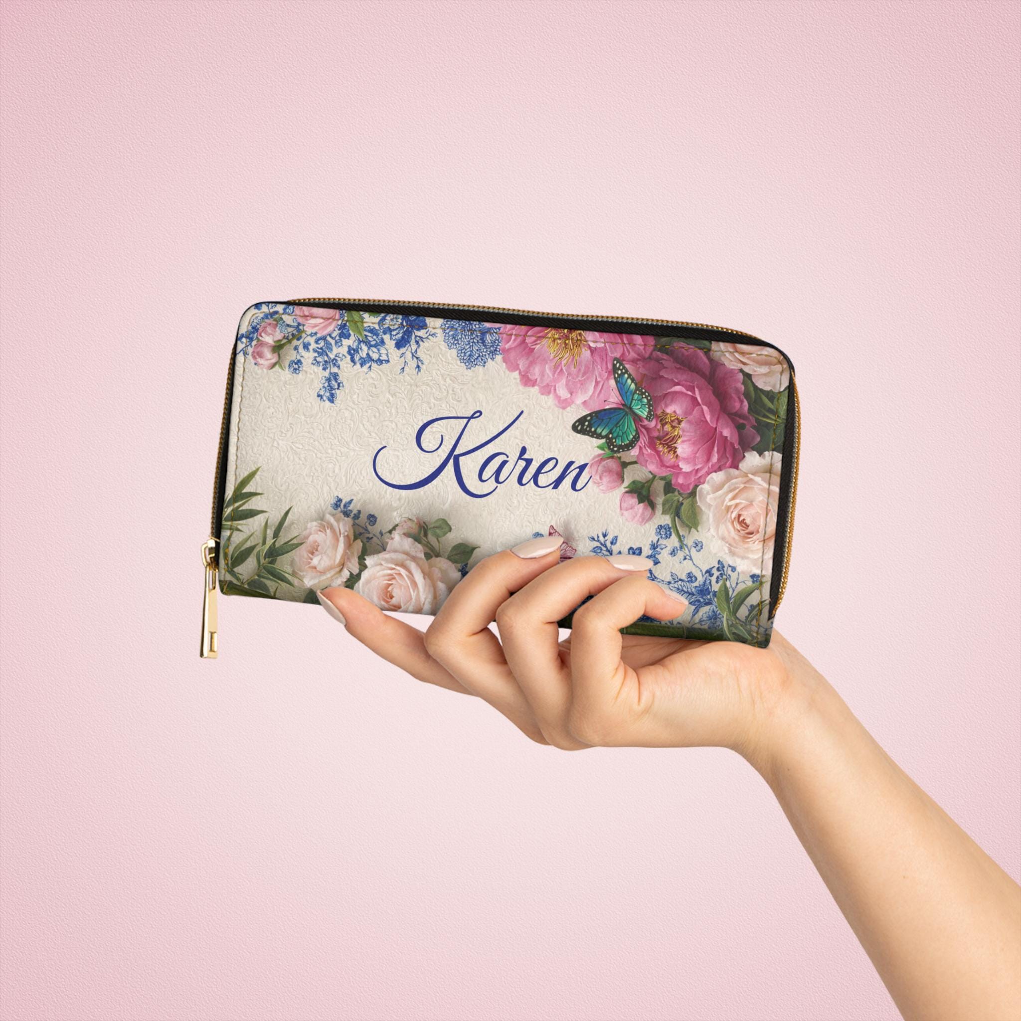 Pink Rose Toile Bouquet Zipper Wallet | Floral Butterflies, Vintage Garden