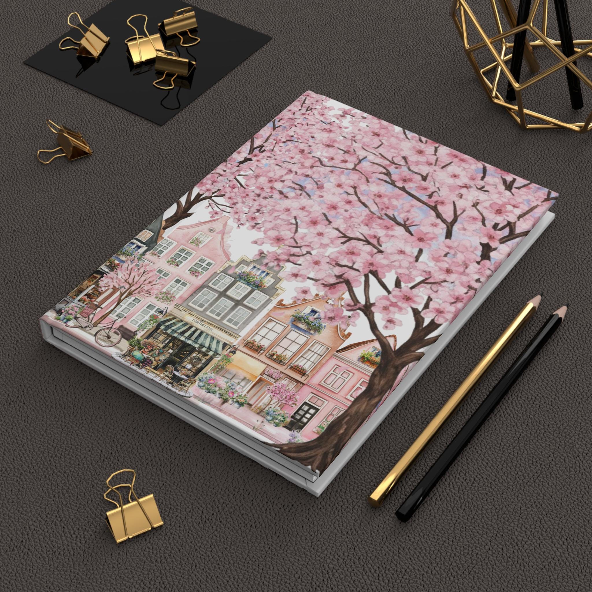 Cherry Blossom Street Scene Hardcover Journal | Sakura Trees & Painted Ladies