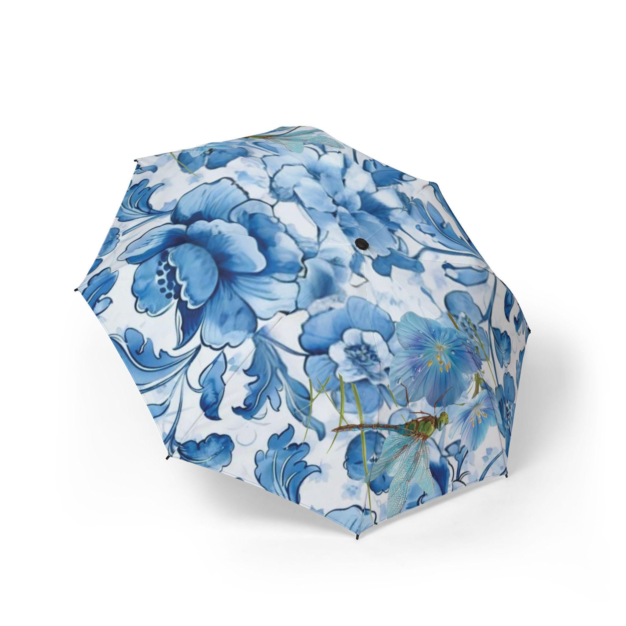 Blue Botanical Dragonfly Umbrella – Garden Floral Print, Compact Travel Accessory