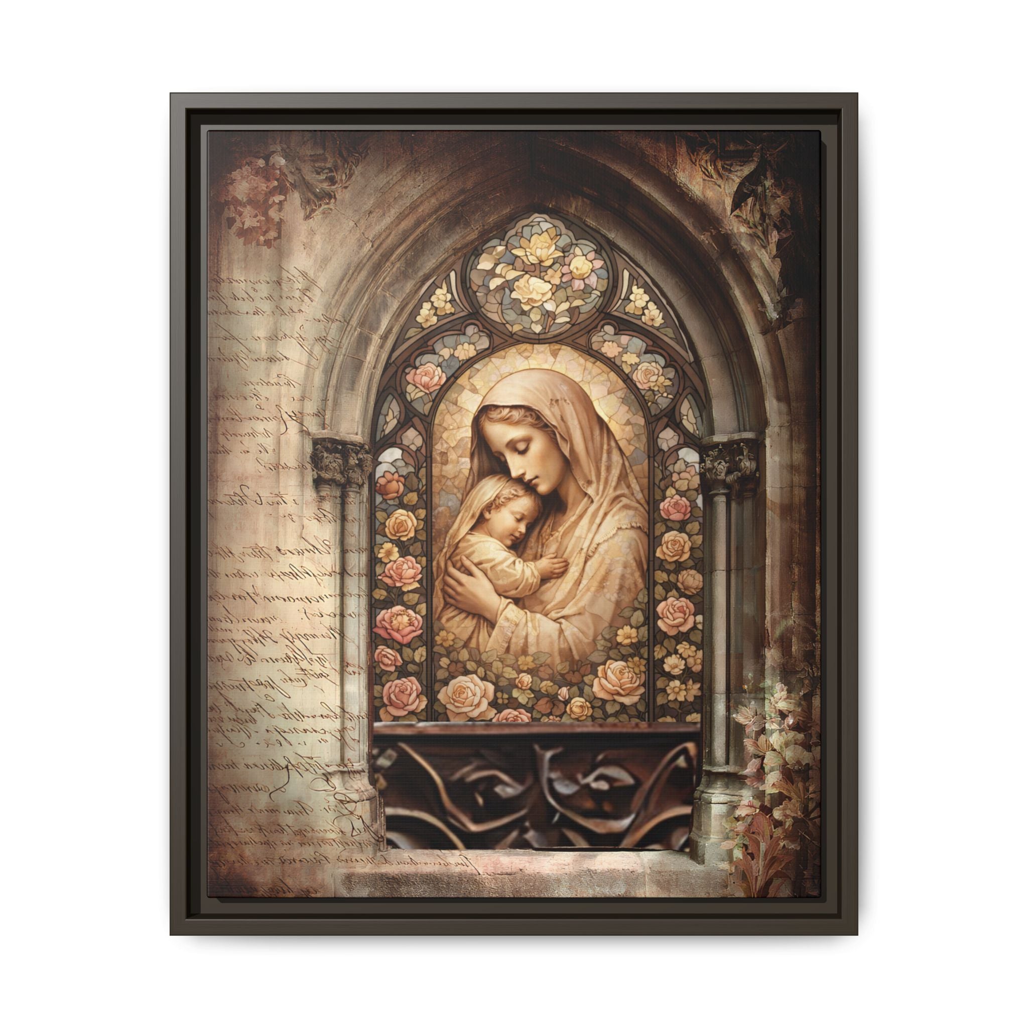 Gothic Window Madonna and Child Stained Glass Print Matte Canvas, Framed