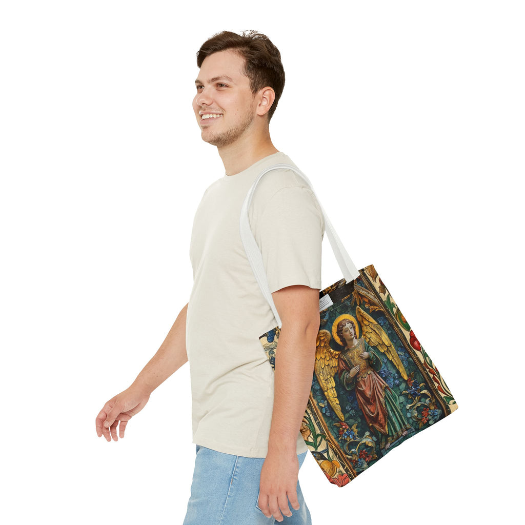 Medieval Manuscript Angel Tote | Ornate Religious Artwork, AOP Shoulder Bag Gift for Catholic