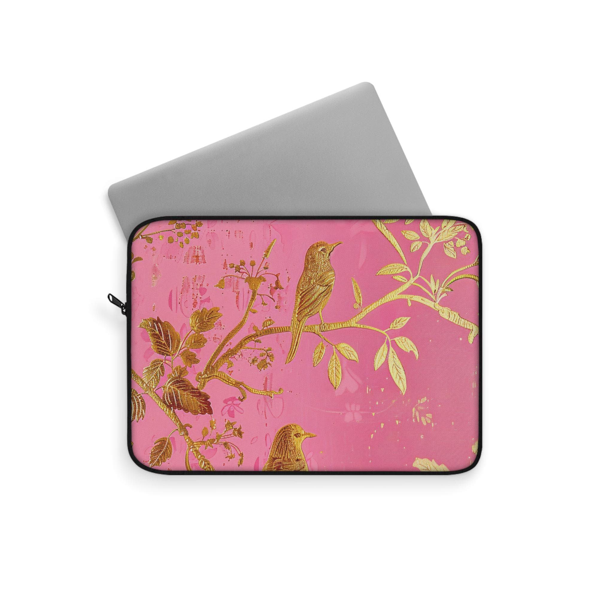 Floral Laptop Sleeve | Gold & Pink Botanical Zip Sleeve Fleece Interior | 3D Image