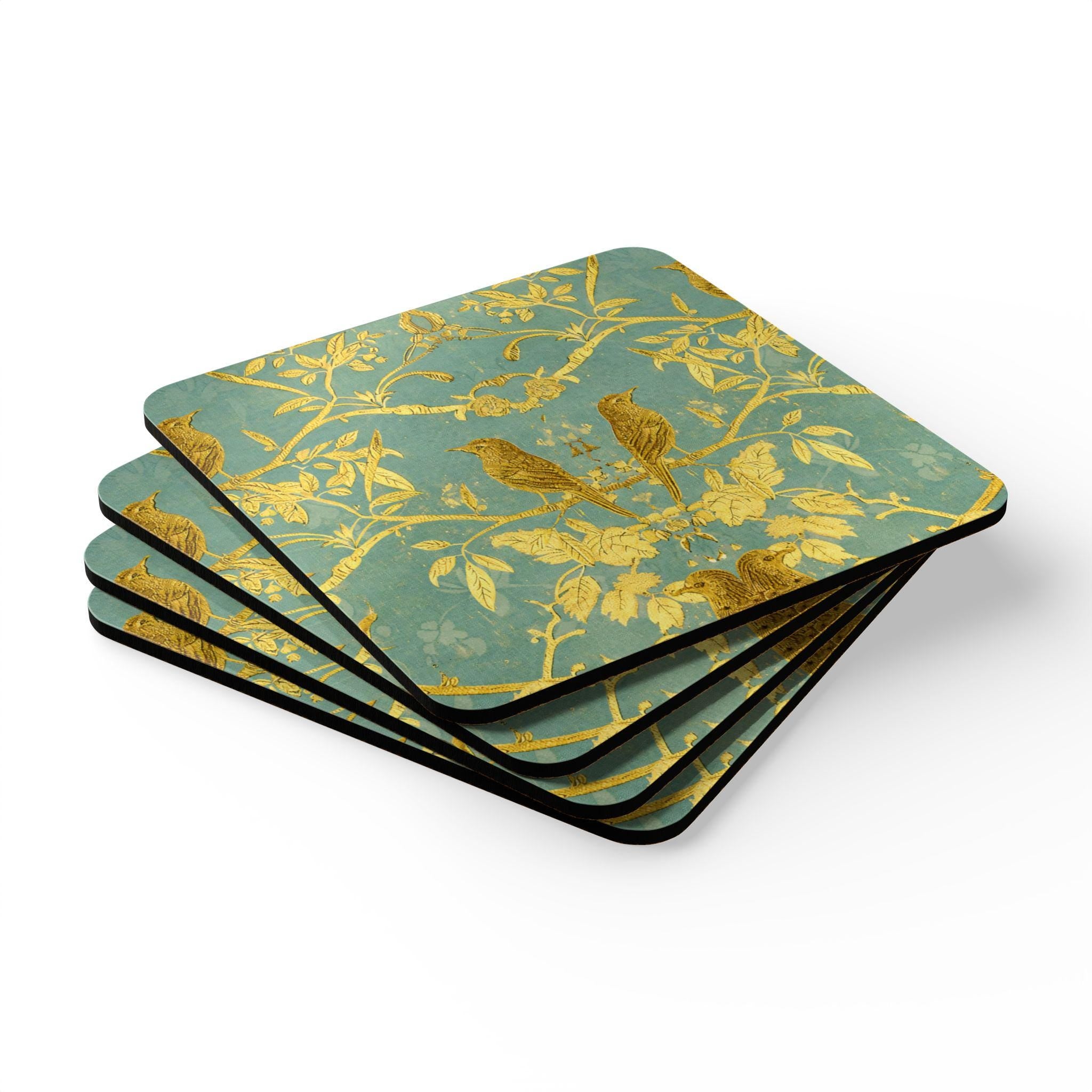 Gold Bird Branches Cork Coaster Set | Celadon Floral Vintage Style