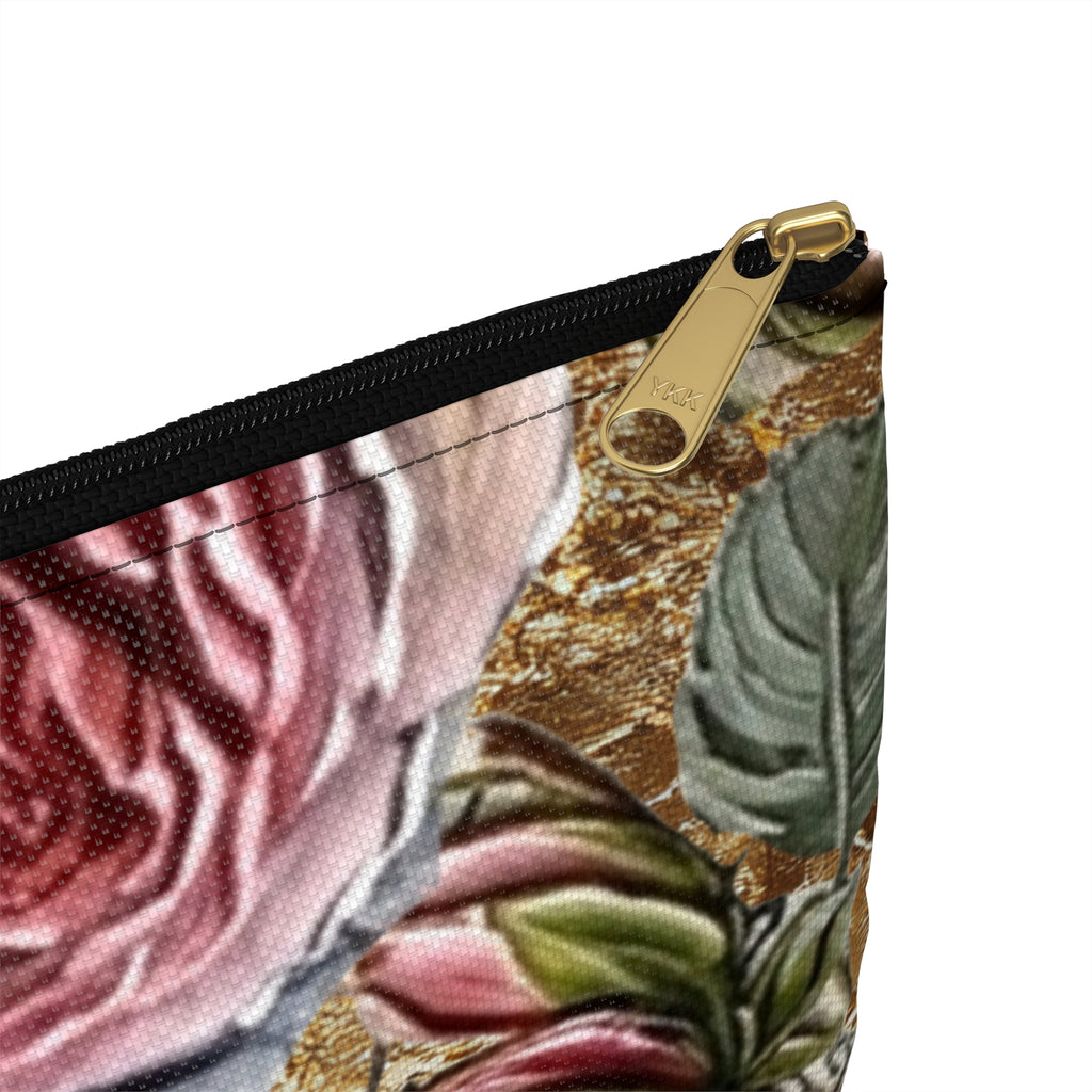 Vintage Pink Roses on Gold Marble Accessory Pouch | Floral Makeup Bag