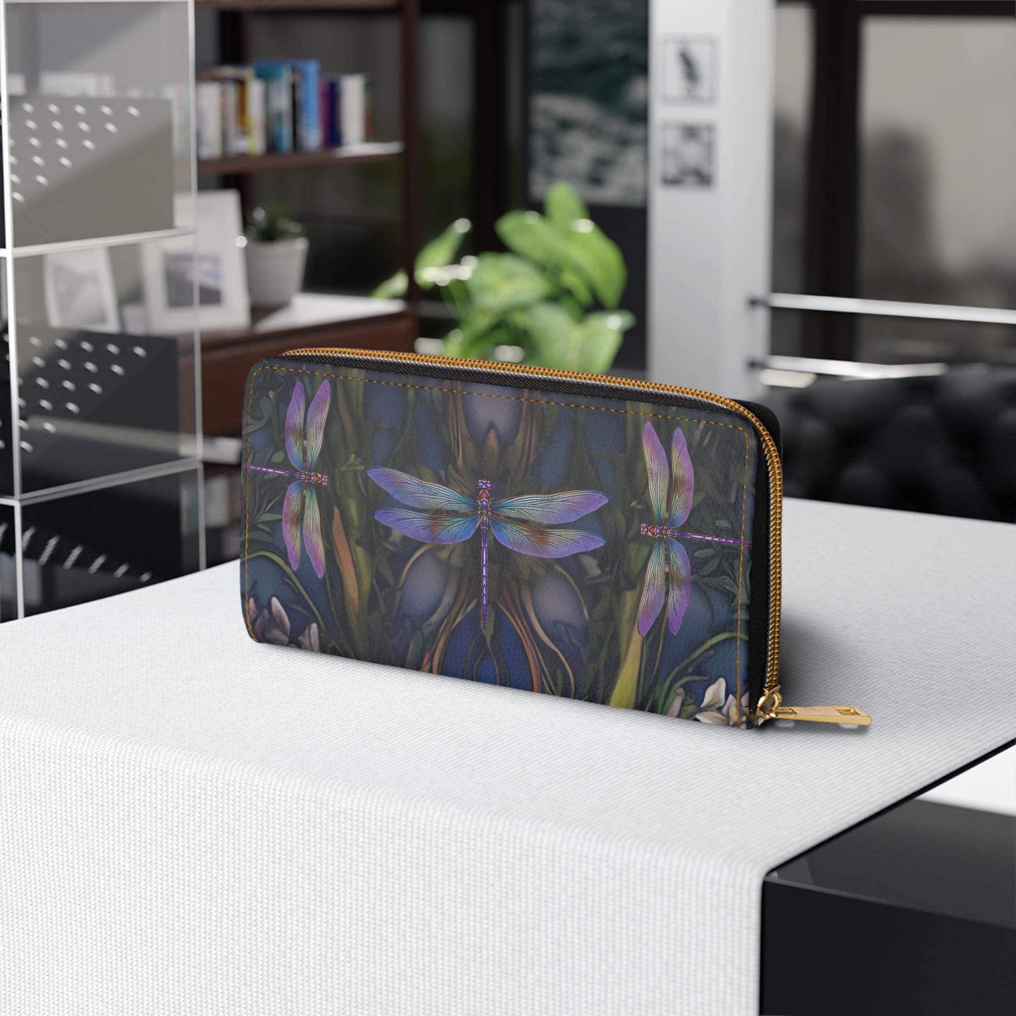 Dragonfly Art Zipper Wallet | Floral, Vintage-Inspired Illustration