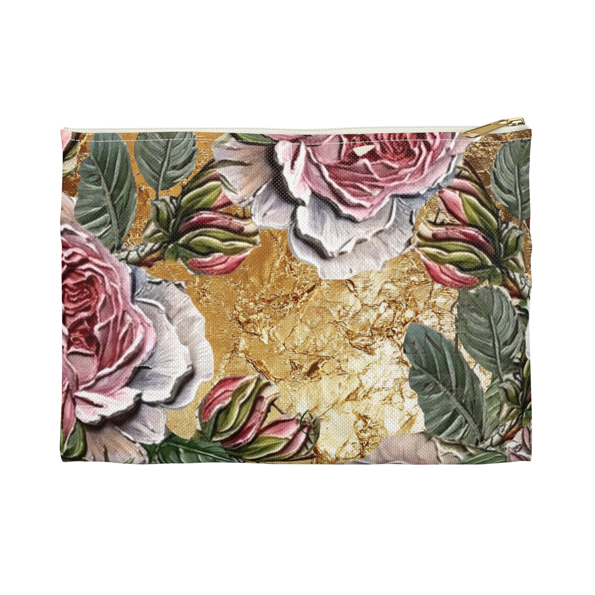 Vintage Pink Roses on Gold Marble Accessory Pouch | Floral Makeup Bag