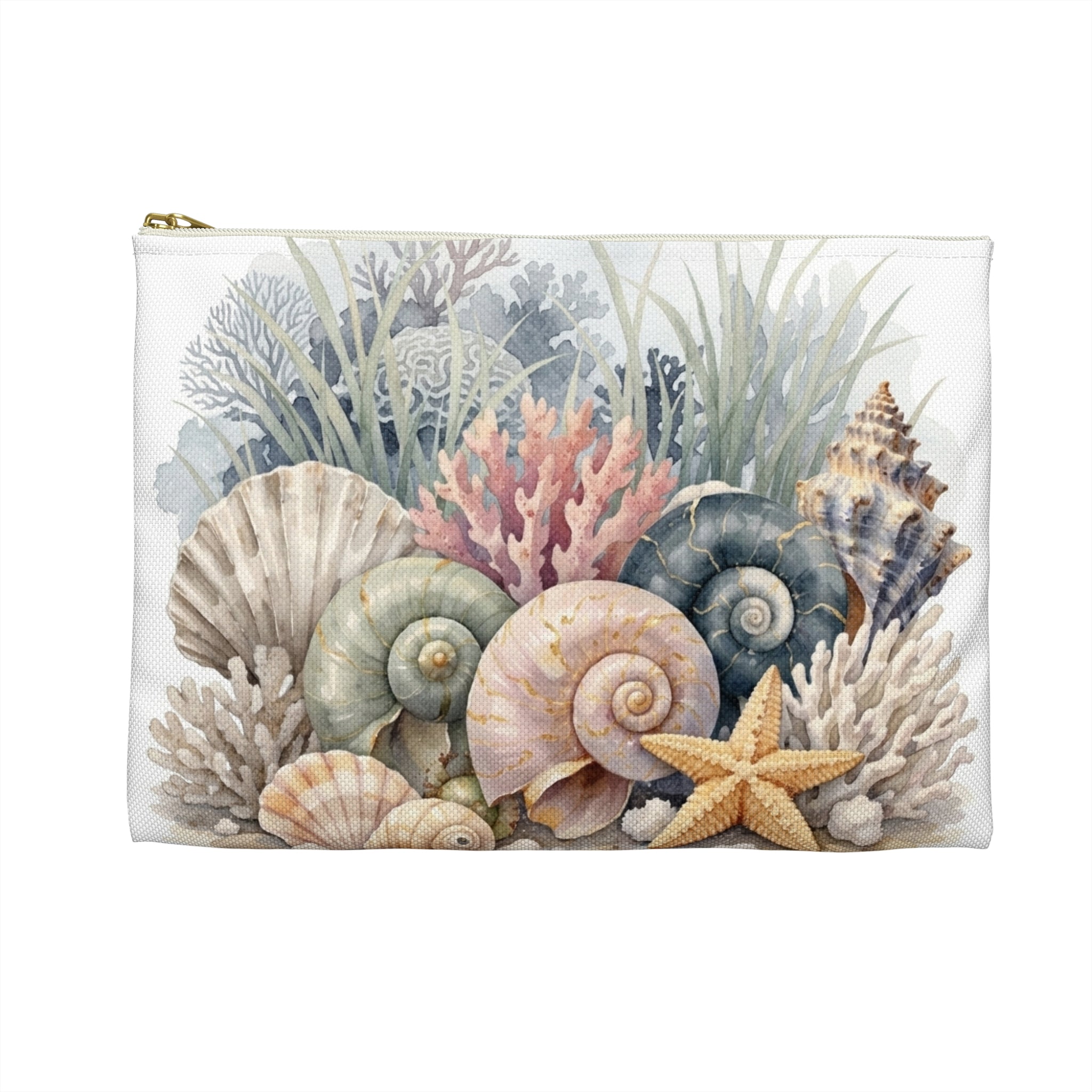 Sea Shell Collage Accessory Pouch | Beach Shell Print Coin Purse | Coastal Beach Toiletry Bag