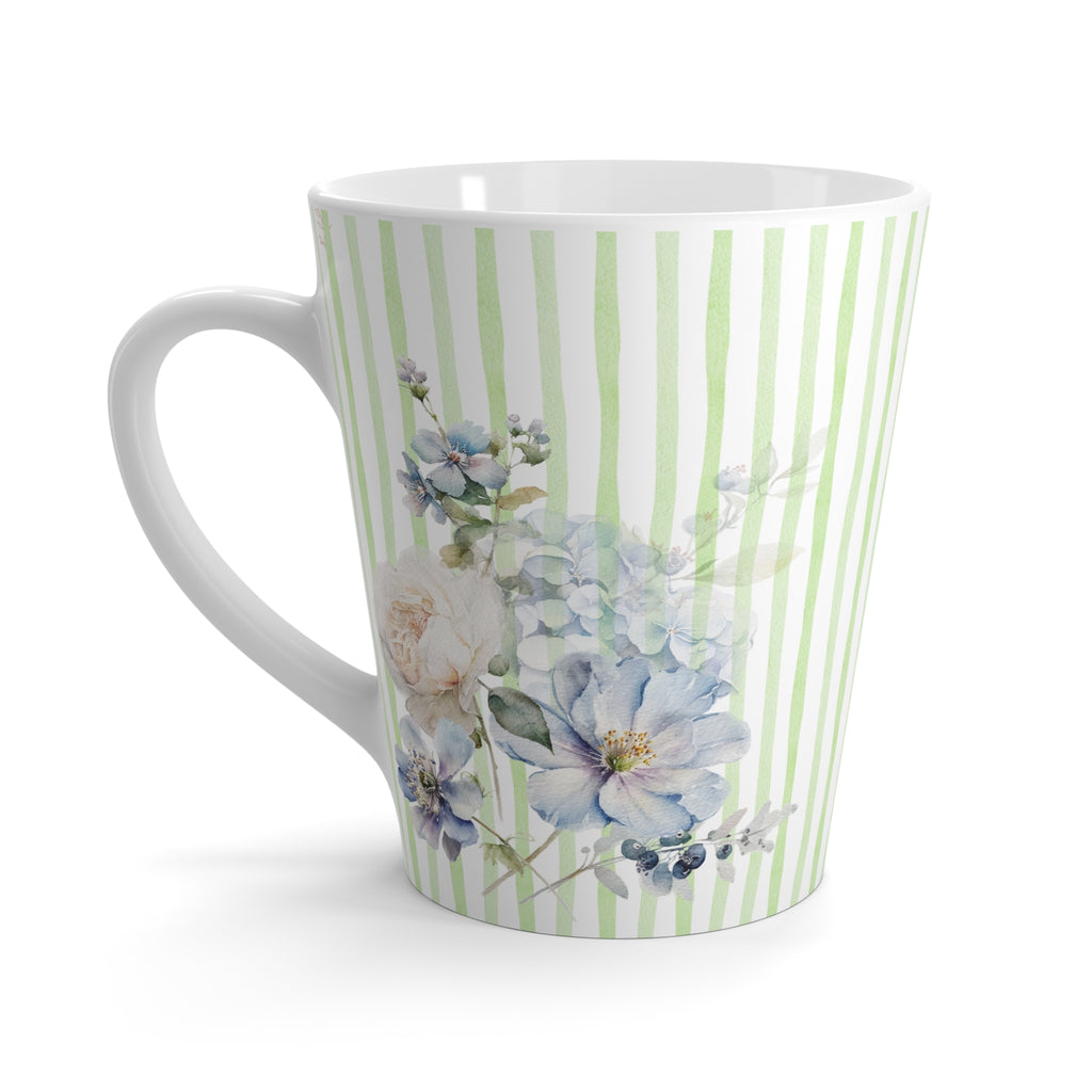 Watercolor Stripes Floral Latte Mug | Coffee Tea Cup | Hand-Painted Flower Design