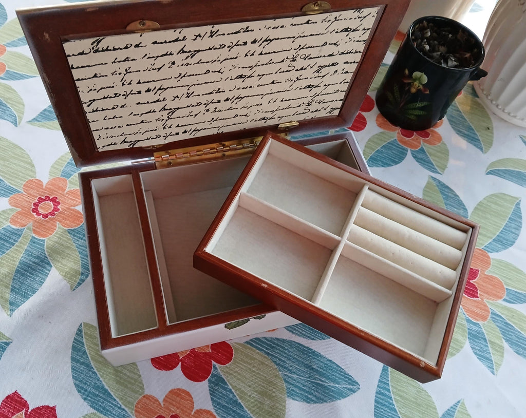 Refurbished Oak Jewelry Box • Cream & Yellow Botanical Keepsake Jewellery Chest