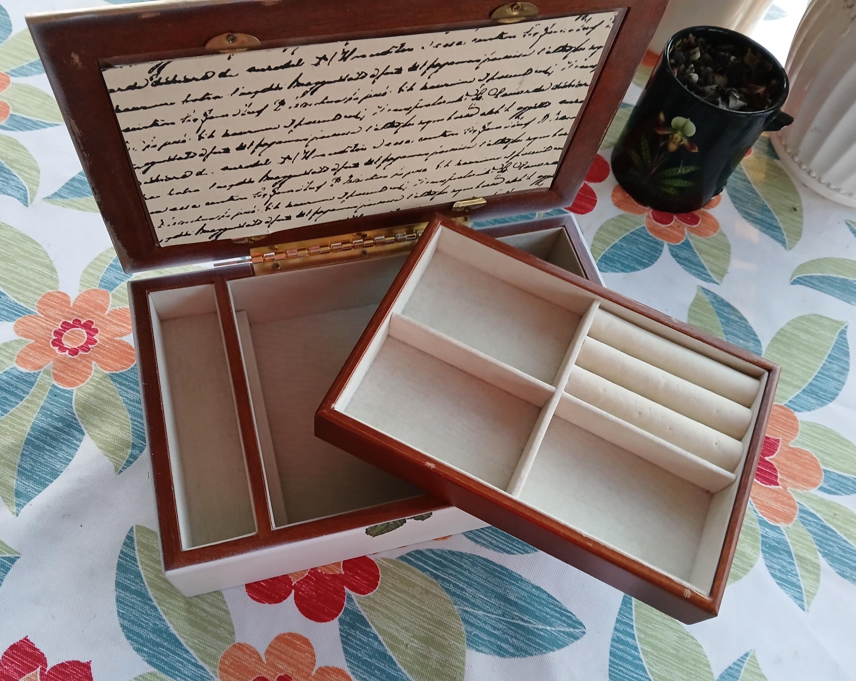 Refurbished Oak Jewelry Box • Cream & Yellow Botanical Keepsake Jewellery Chest