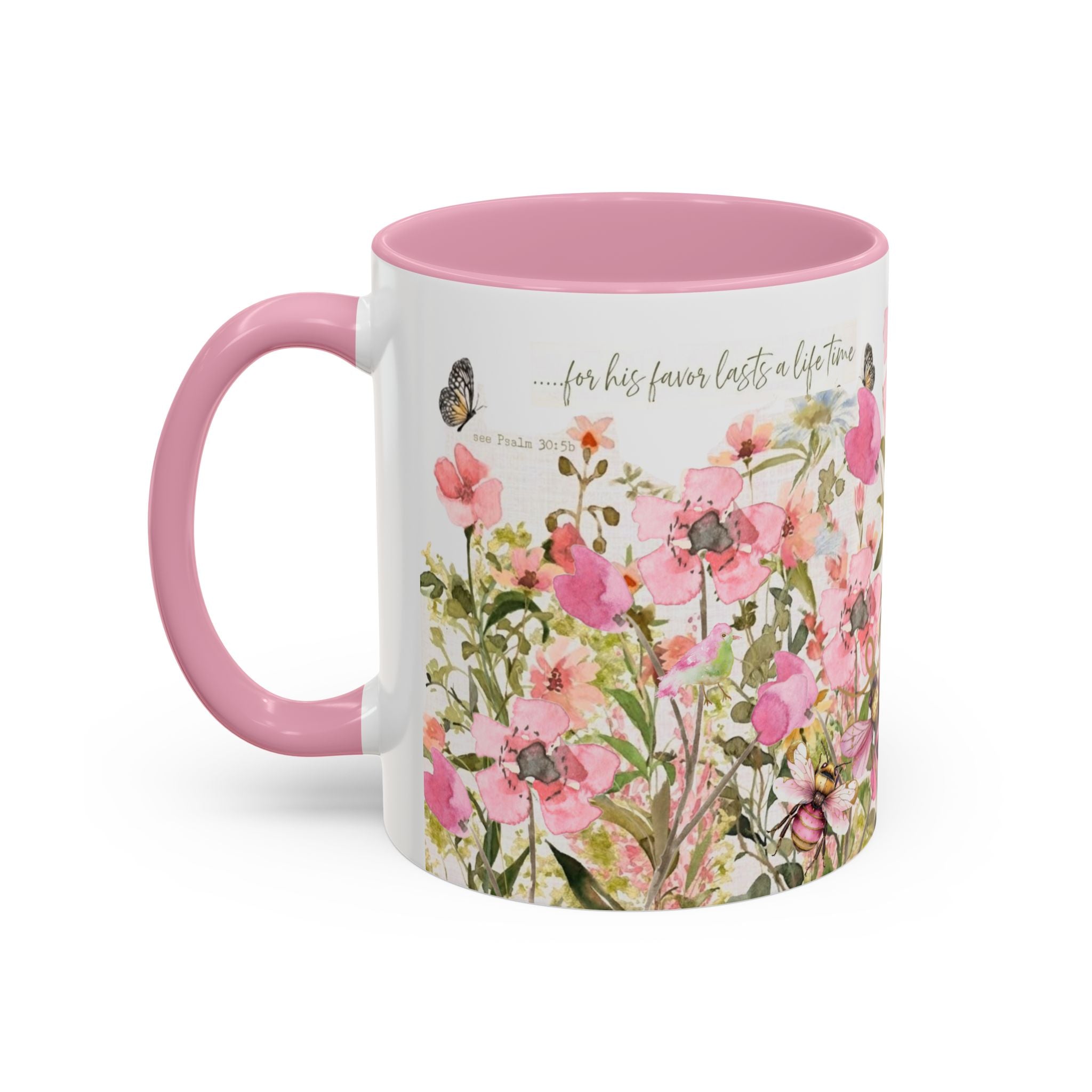 Pink Watercolor Wildflowers Mug | Butterfly Accent Scripture Coffee Cup Gift for Her