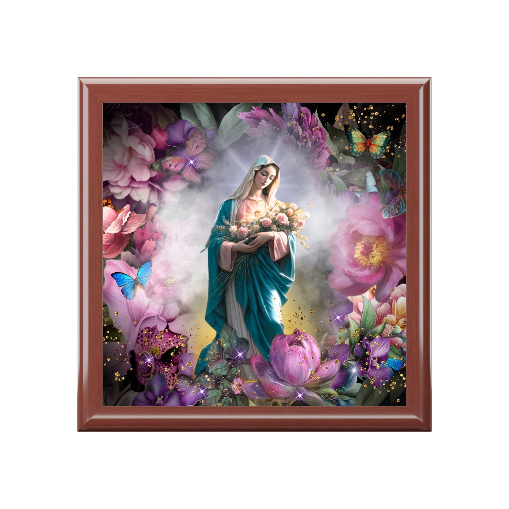 Virgin Mary Floral Illustration Jewelry Box | Madonna In Heaven Keepsake Trinket Chest