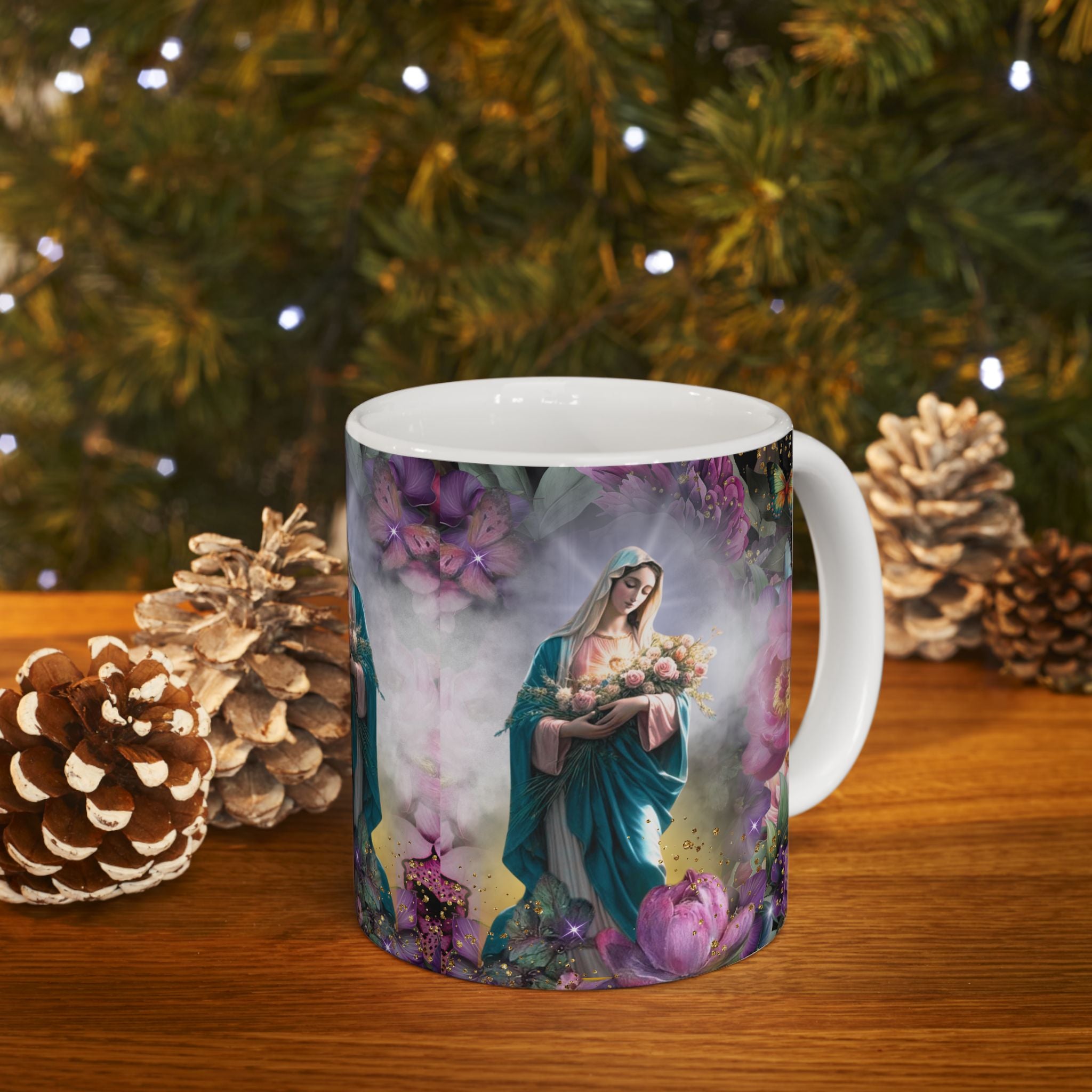 Virgin Mary Bouquet Mug | Religious Floral Coffee Cup