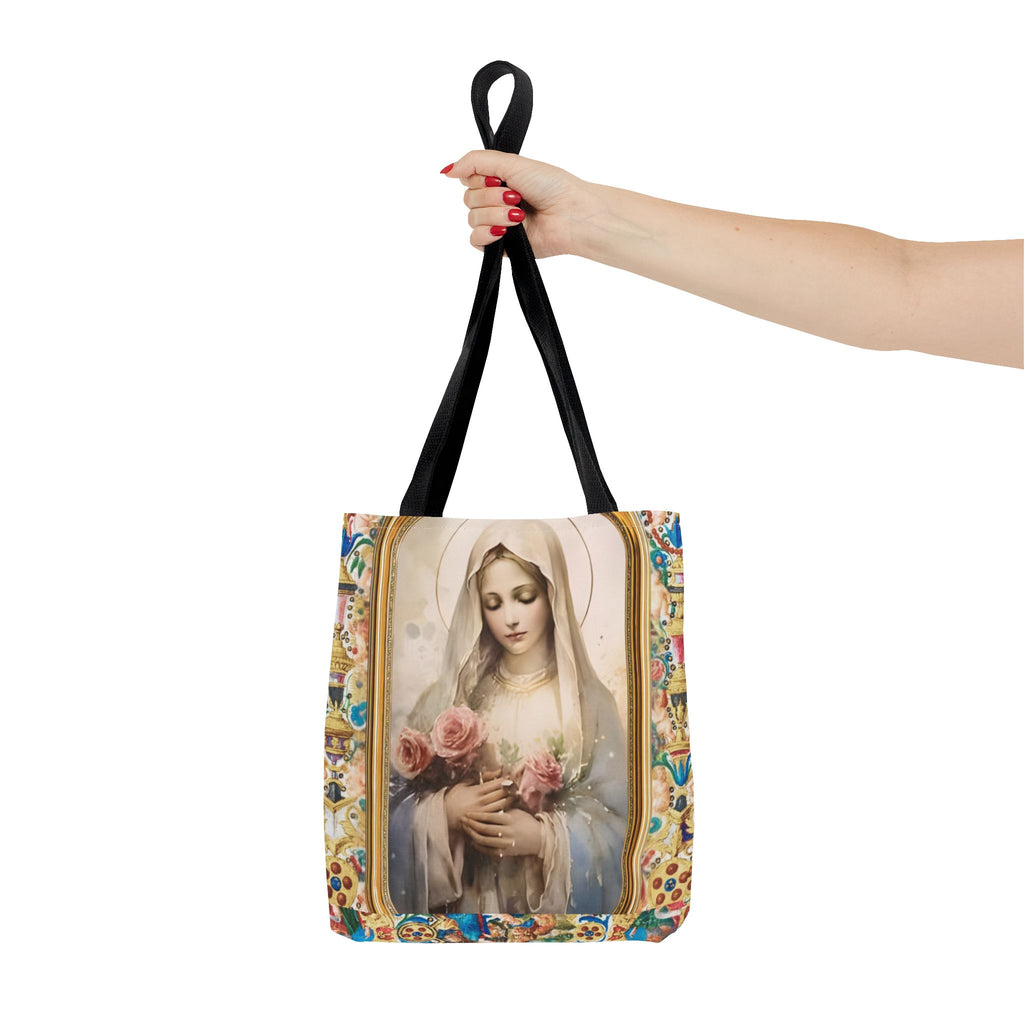 Virgin Mary portrait Tote Bag | Religious Madonna illustration, roses