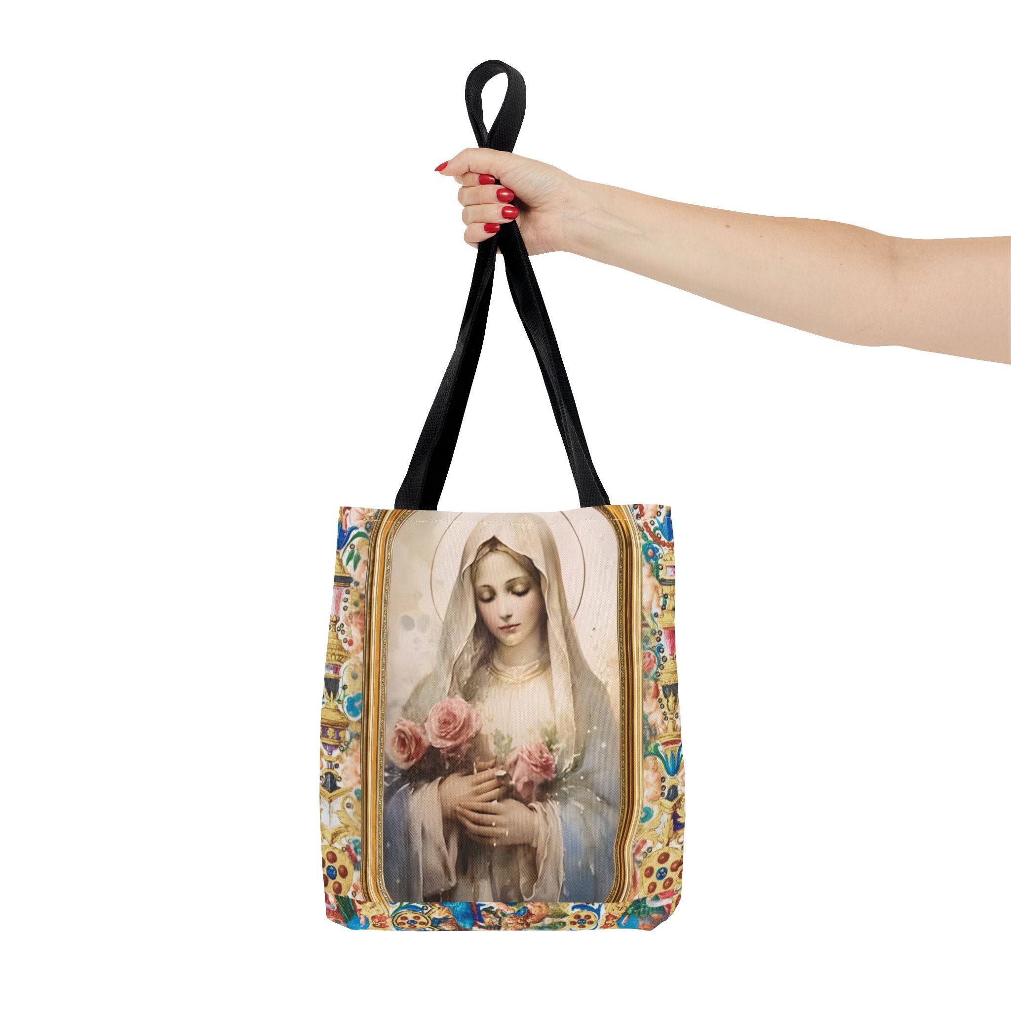 Virgin Mary portrait Tote Bag | Religious Madonna illustration, roses
