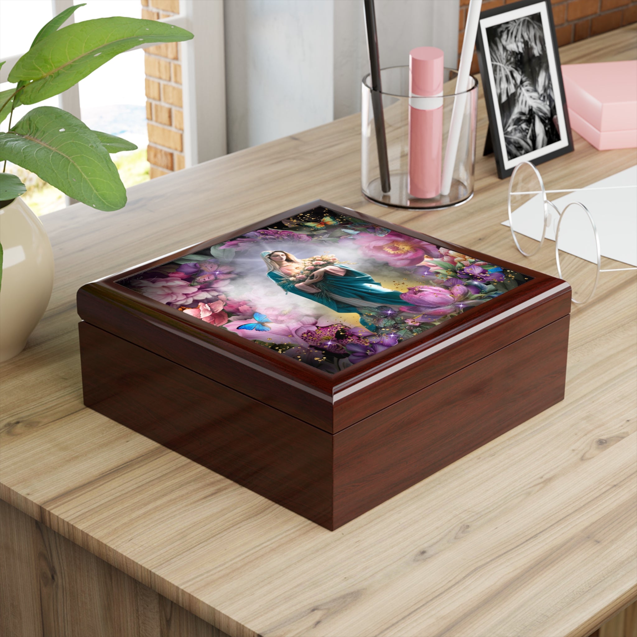 Virgin Mary Floral Illustration Jewelry Box | Madonna In Heaven Keepsake Trinket Chest