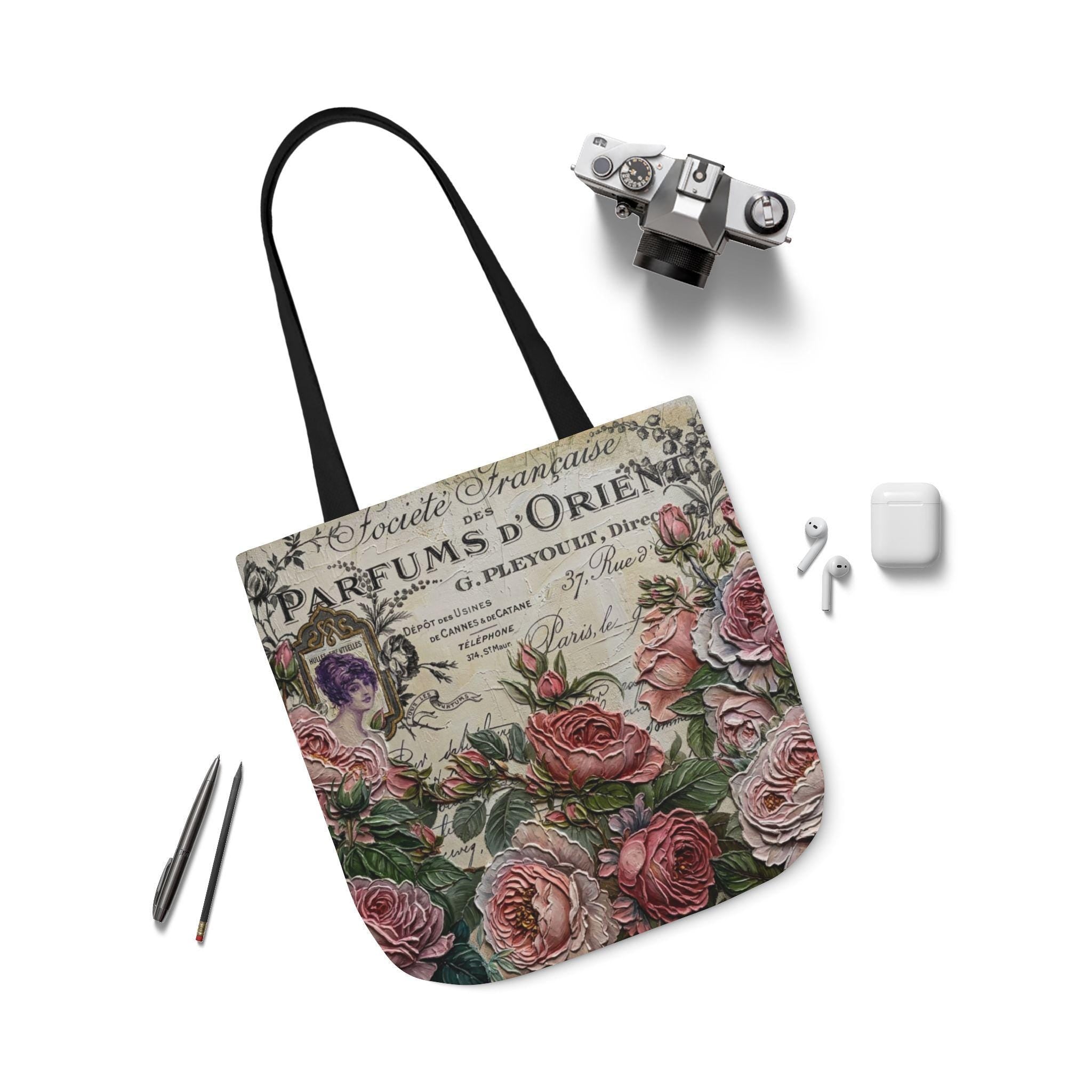 Vintage Floral Perfume Label Tote Bag, Polyester Canvas Shopper