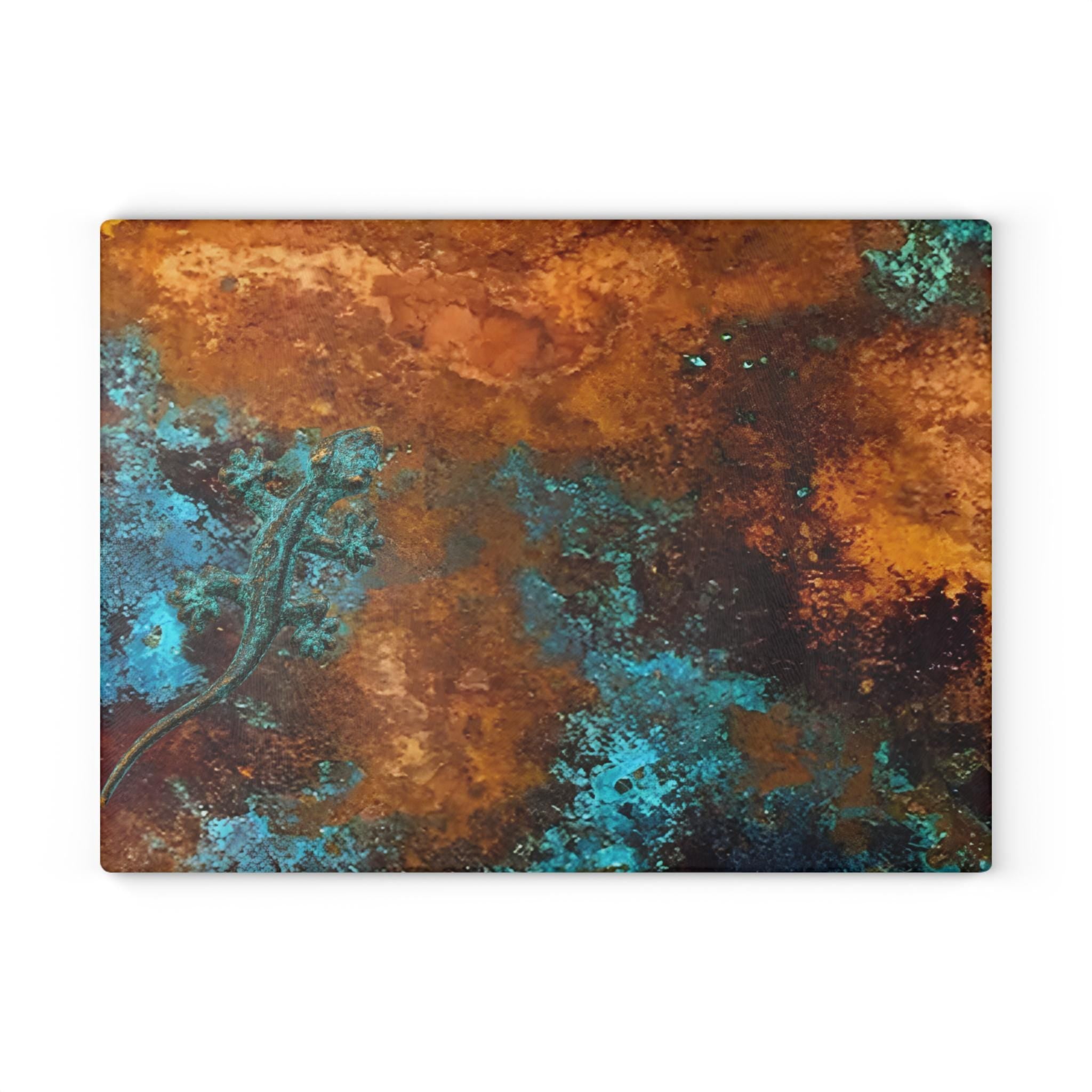 Glass Cutting Board: Copper Camouflage Salamander, Verdigris Patina Kitchen Decor