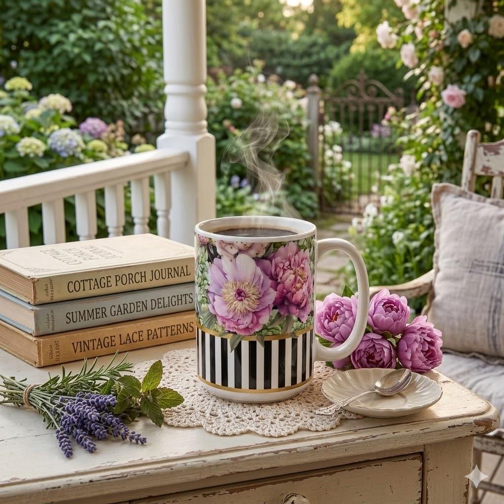 Pink Peonies with Hydrangea 15 oz Mug | Black White Stripe Accent | Victorian Botanical CUP