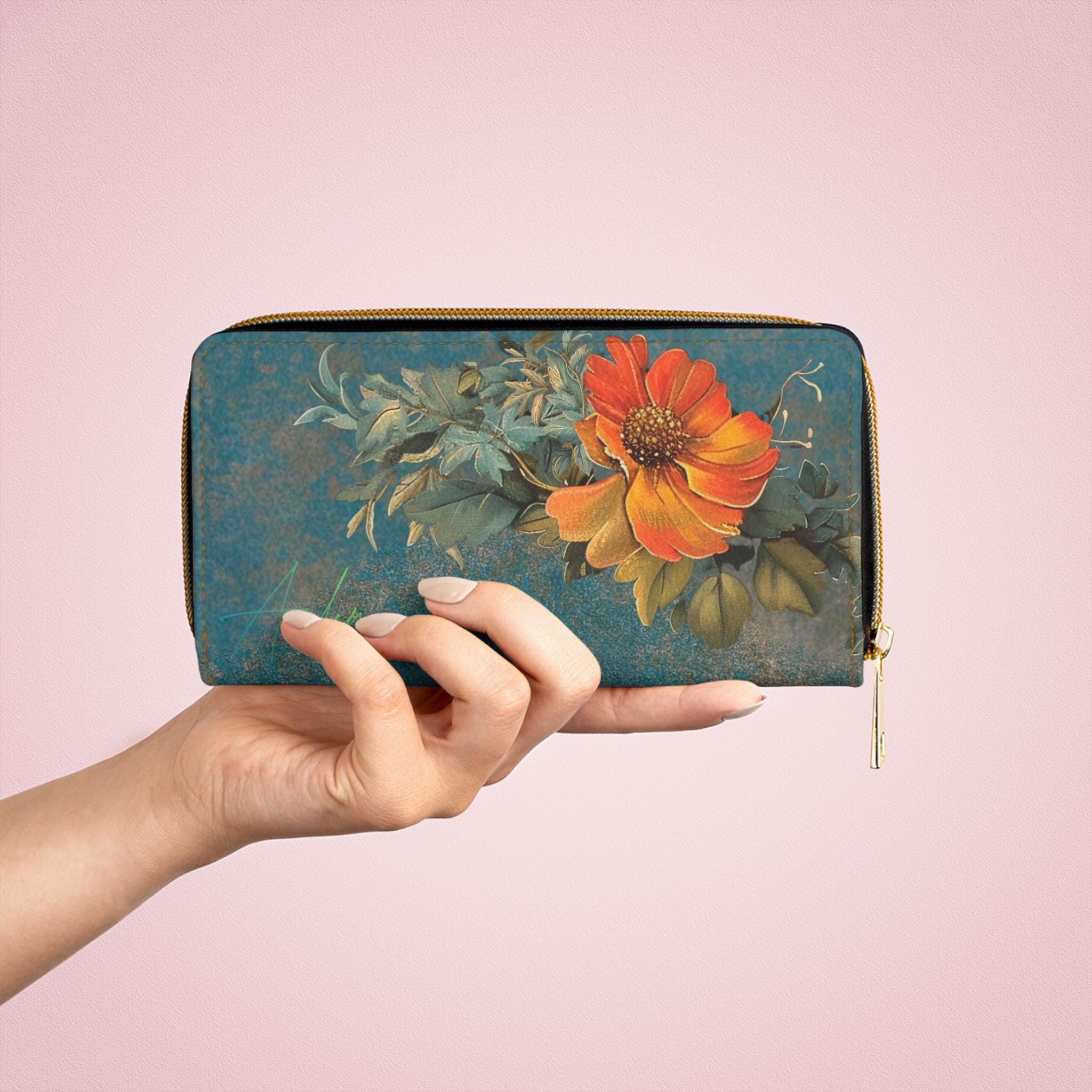 Orange Floral Wallet • Botanical Pattern Zipper Clutch • PCS Garden Accessory
