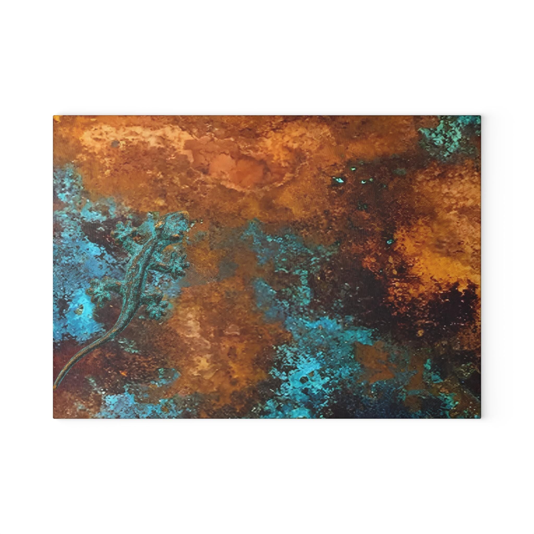 Glass Cutting Board: Copper Camouflage Salamander, Verdigris Patina Kitchen Decor