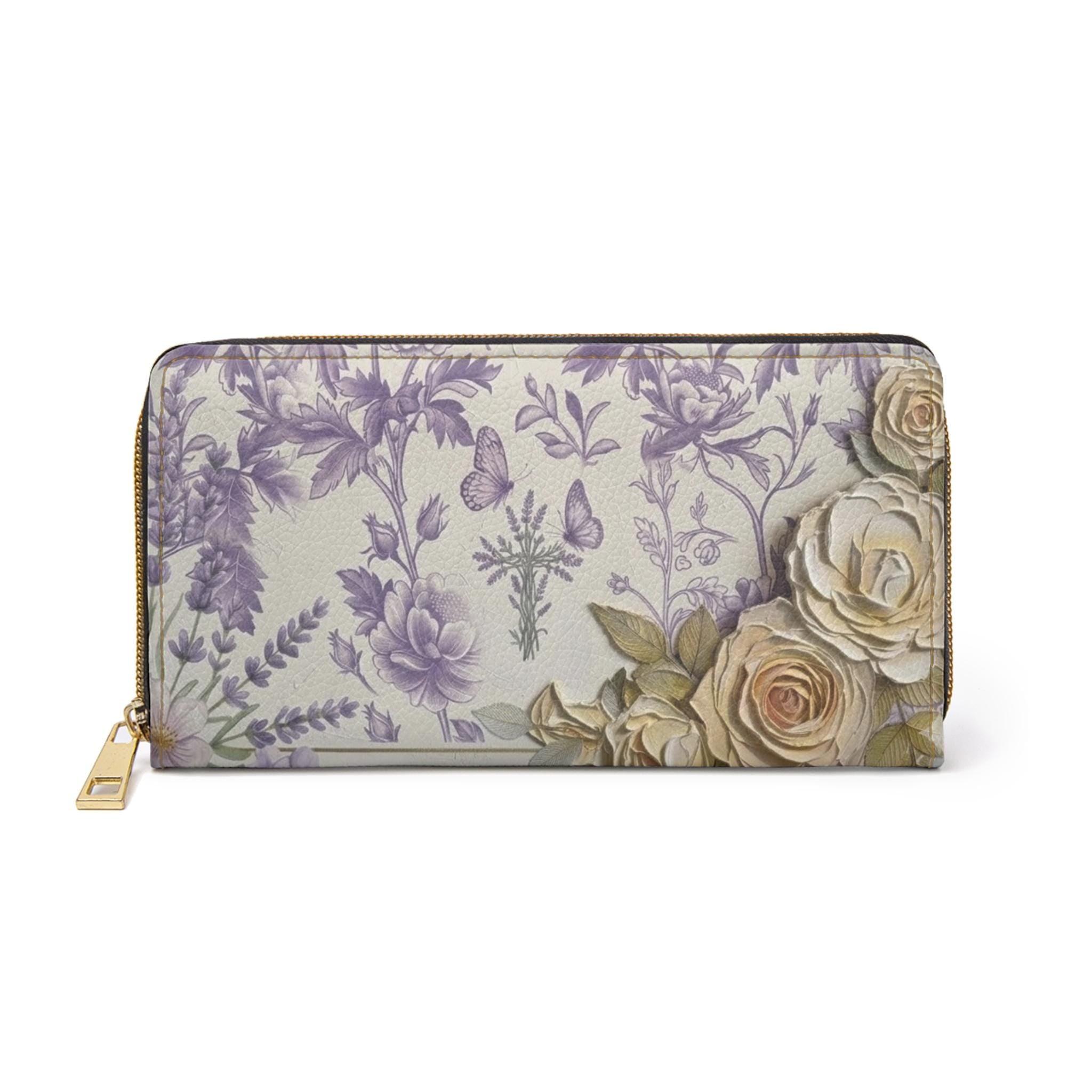 Lavender Toile Cream Impasto Florals Zipper Wallet | Floral Clutch Purse