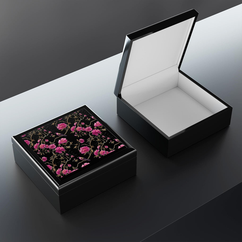 Vining Peony Ceramic top Jewelry Box | Black Lacquer Trinket Case
