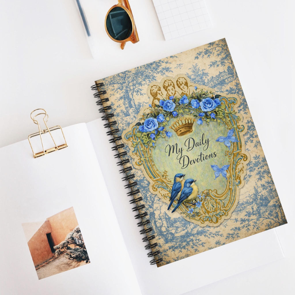 My Daily Devotions Blue Toile Spiral Notebook | Blue Birds Floral Crown Journal