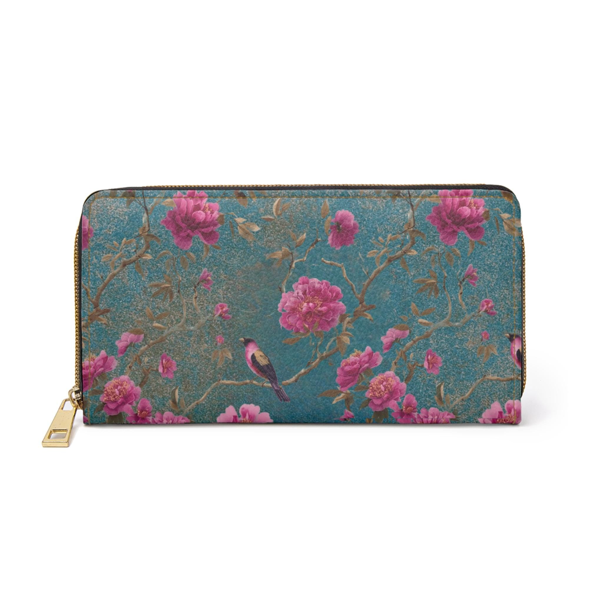 Vintage Sakura Trees Floral Zipper Wallet, Botanical PU Leather Accessory