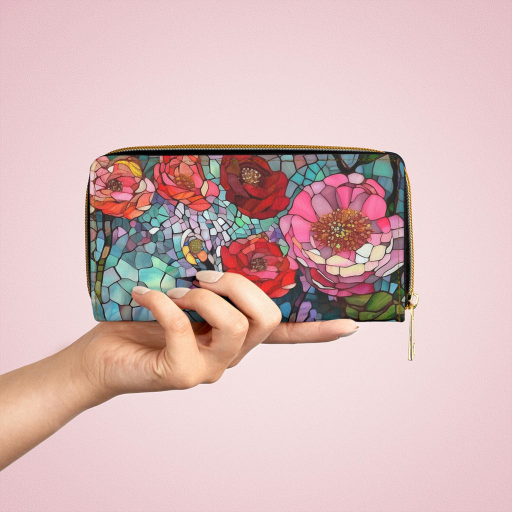Mosaic Floral Wallet • Vegan Leather Zipper Clutch