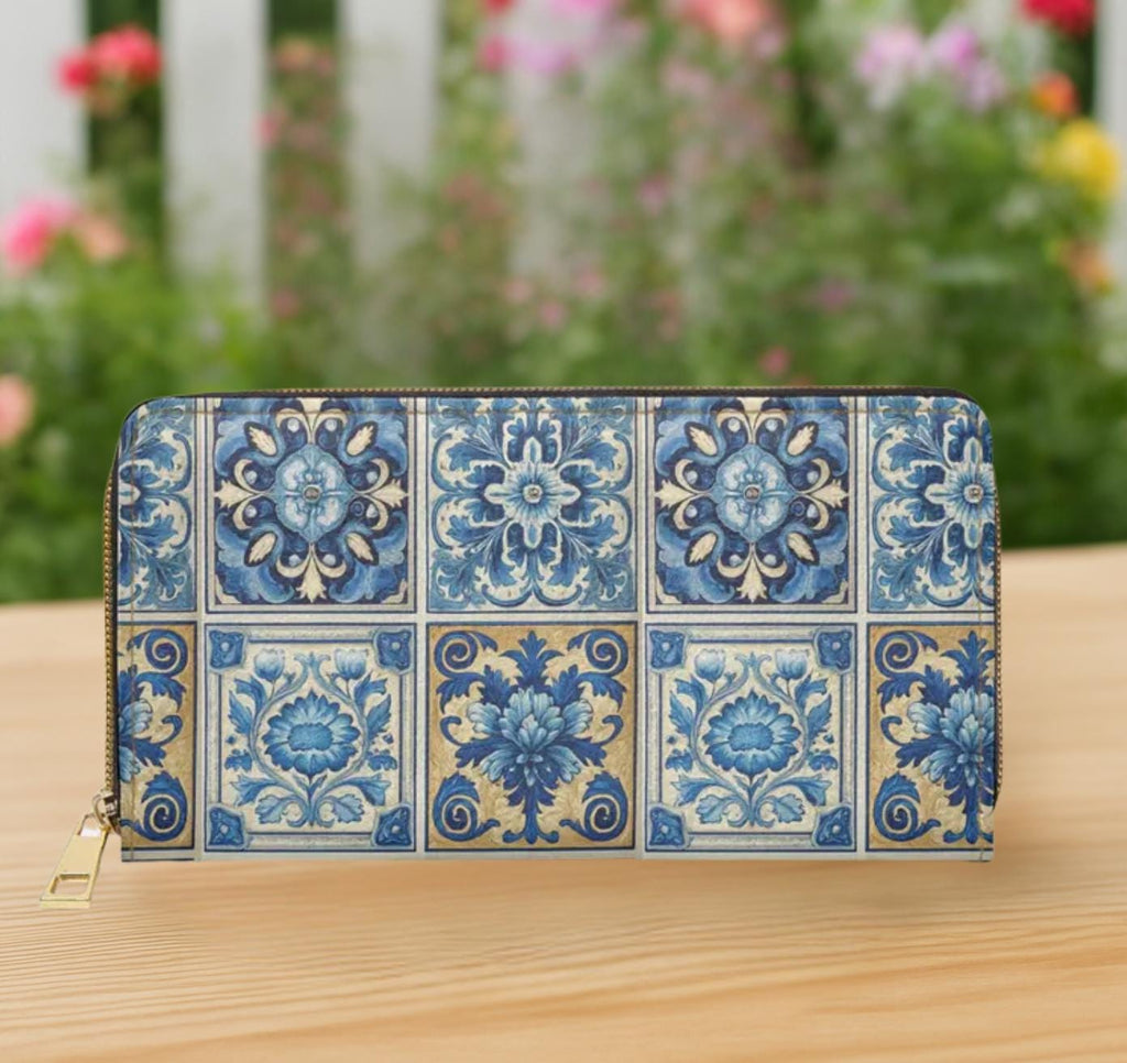 Portuguese Tile Vegan Leather Wallet • Blue Floral Pattern Clutch