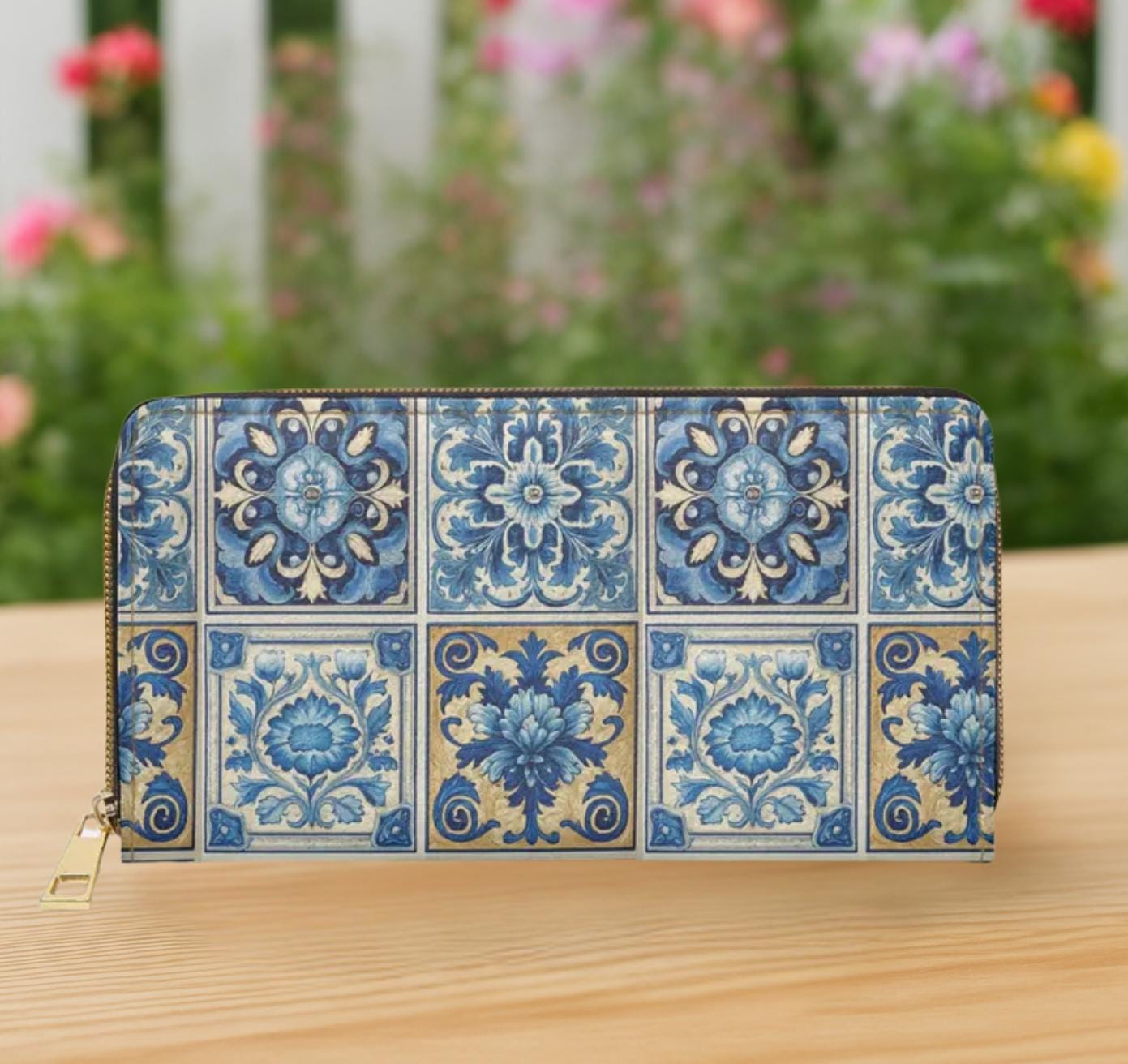 Portuguese Tile Vegan Leather Wallet • Blue Floral Pattern Clutch