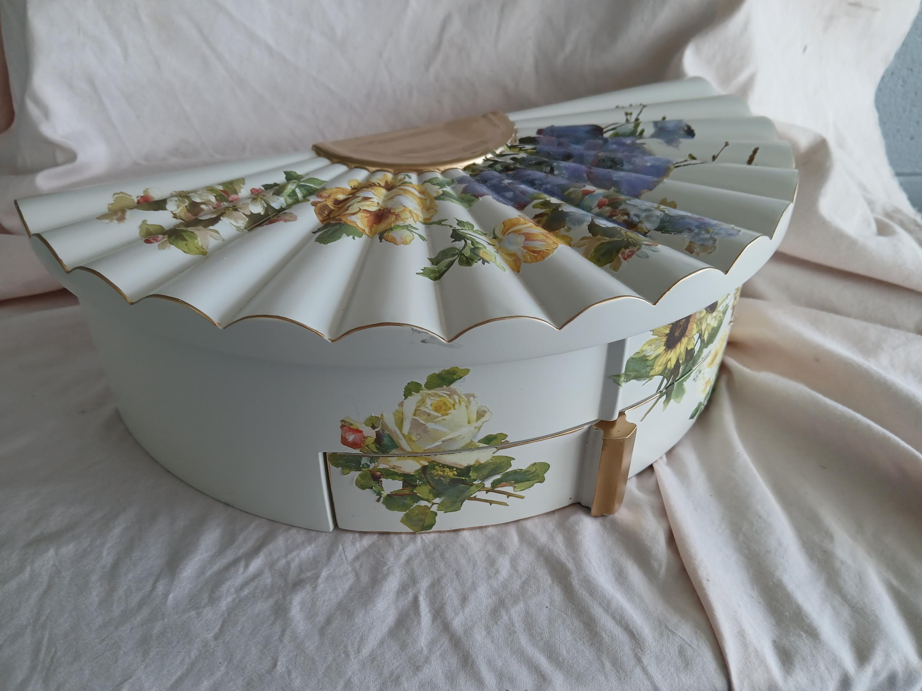 Fan Shaped Jewelry Box | Hand Painted Floral Vanity Organizer with Mirror