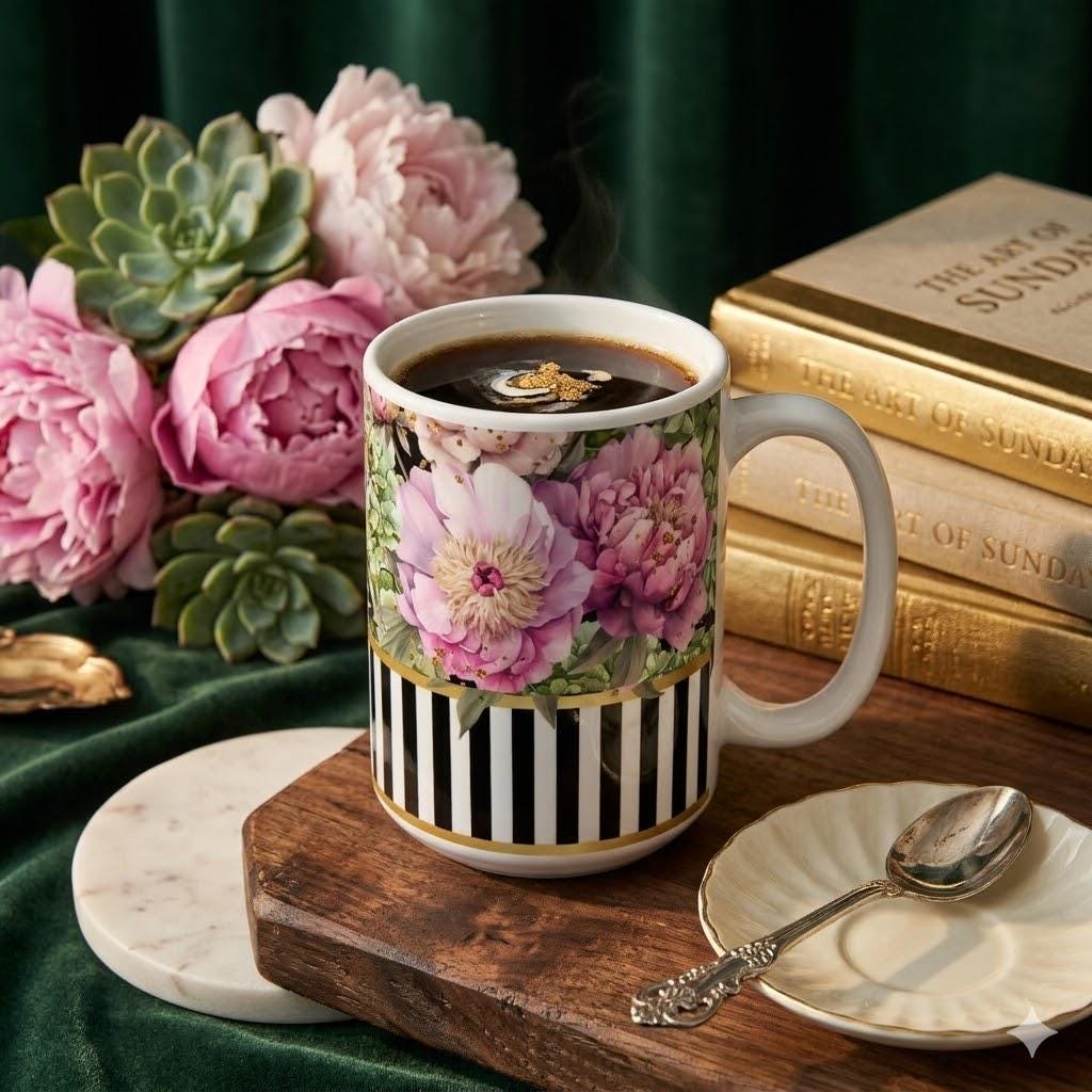 Pink Peonies with Hydrangea 15 oz Mug | Black White Stripe Accent | Victorian Botanical CUP