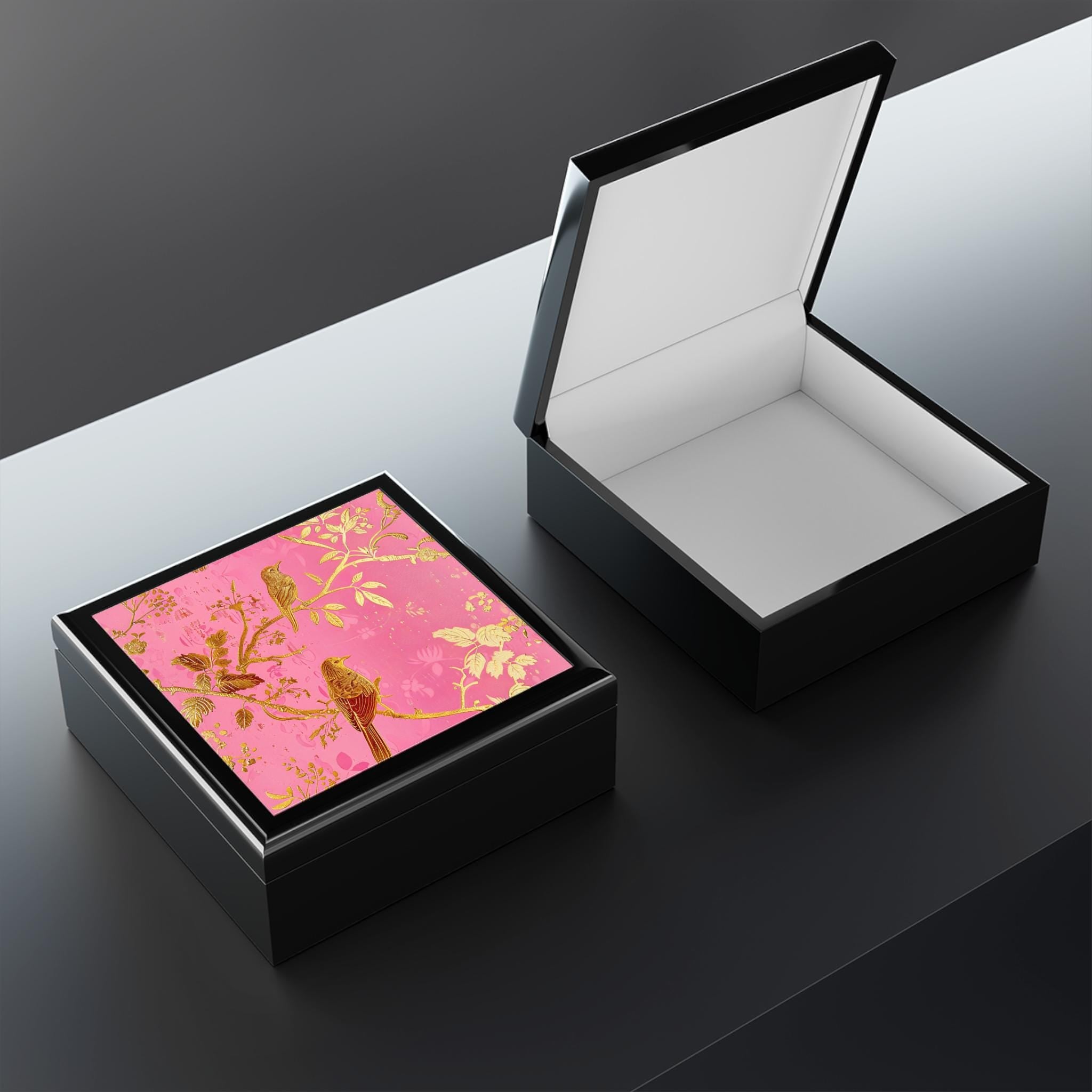 Gold Bird Branch floral jewelry box | pink lacquer keepsake