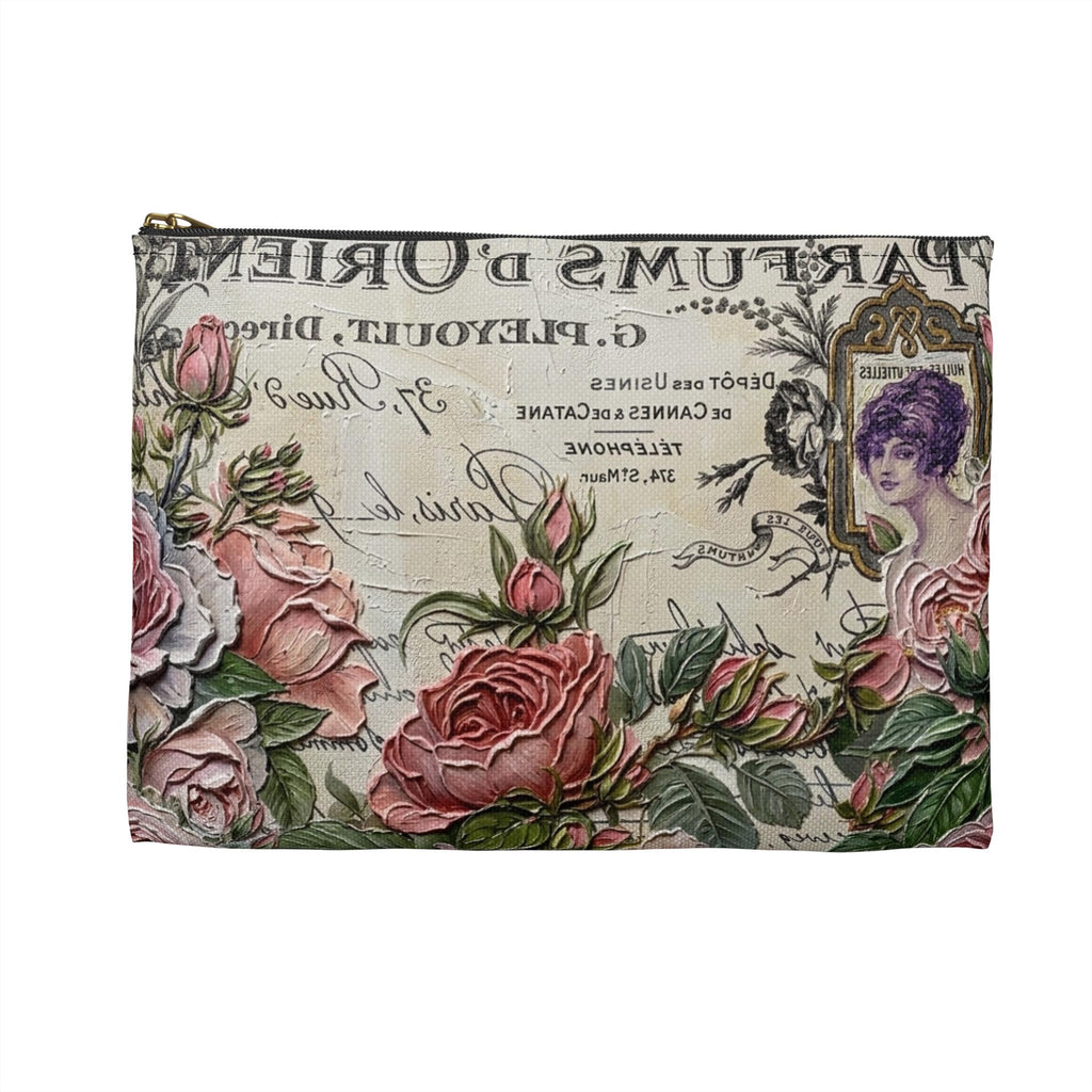 Vintage Roses Perfume Label Accessory Pouch | Floral Cosmetic Bag