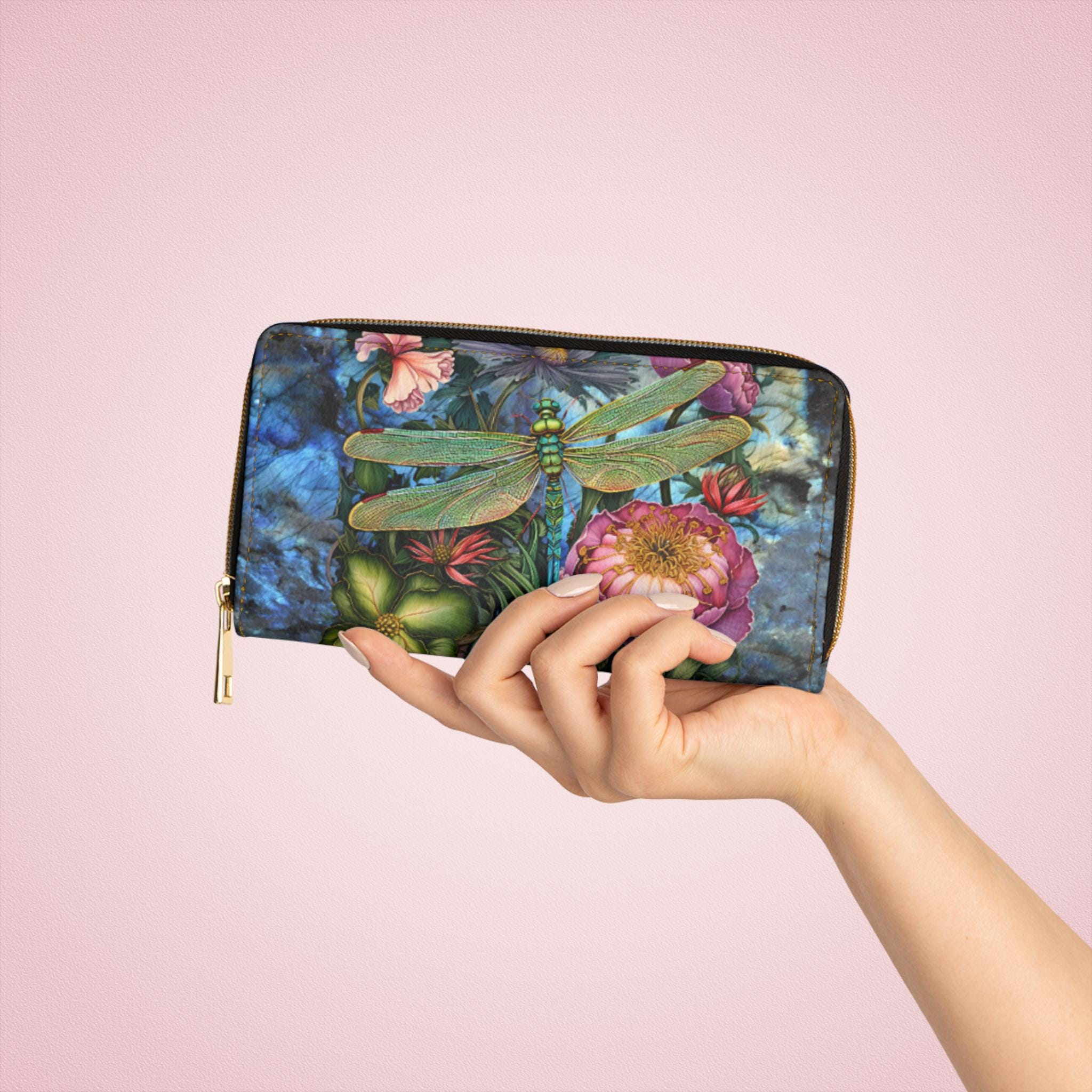Dragonfly Print Zipper Wallet Clutch | Floral PU Leather Organizer
