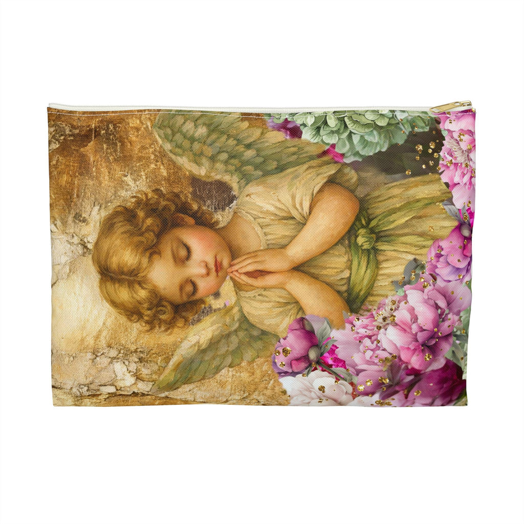 Praying Angel Accessory Pouch | Vintage Cherub Floral Zipper Bag
