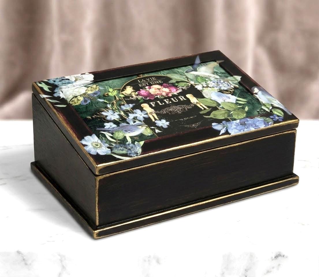 Decorated Mahogany Jewelry Box • Vintage Botanical Decoupage Keepsake Chest