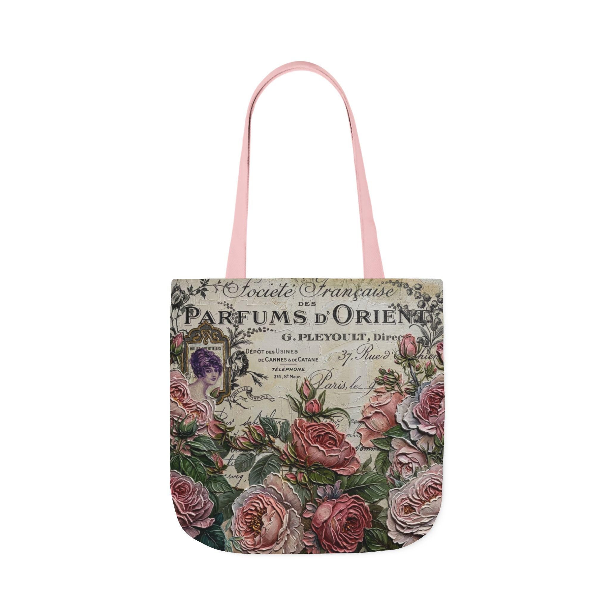 Vintage Floral Perfume Label Tote Bag, Polyester Canvas Shopper