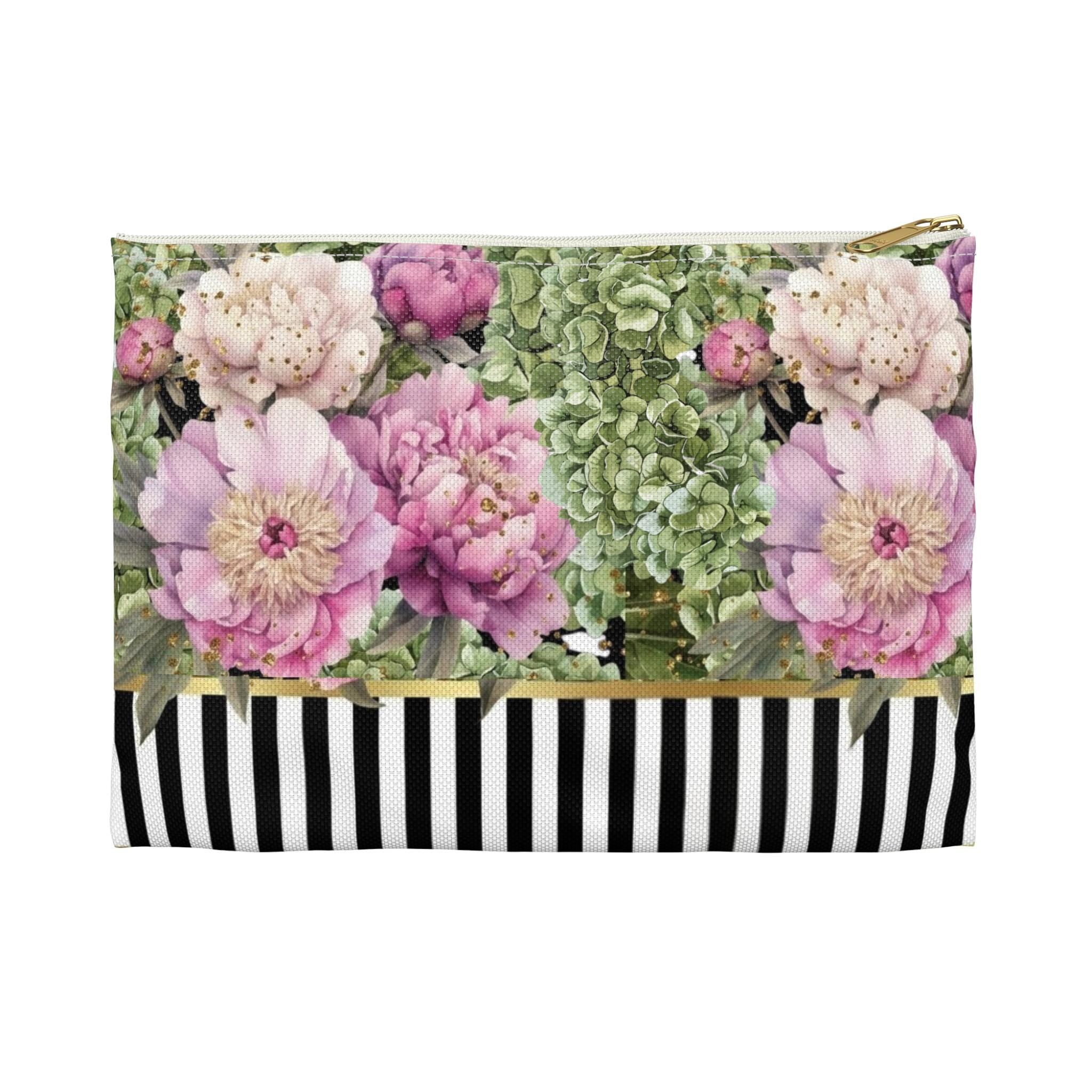 Pink Peonies & Green Hydrangeas Accessory Pouch | Black White Stripes