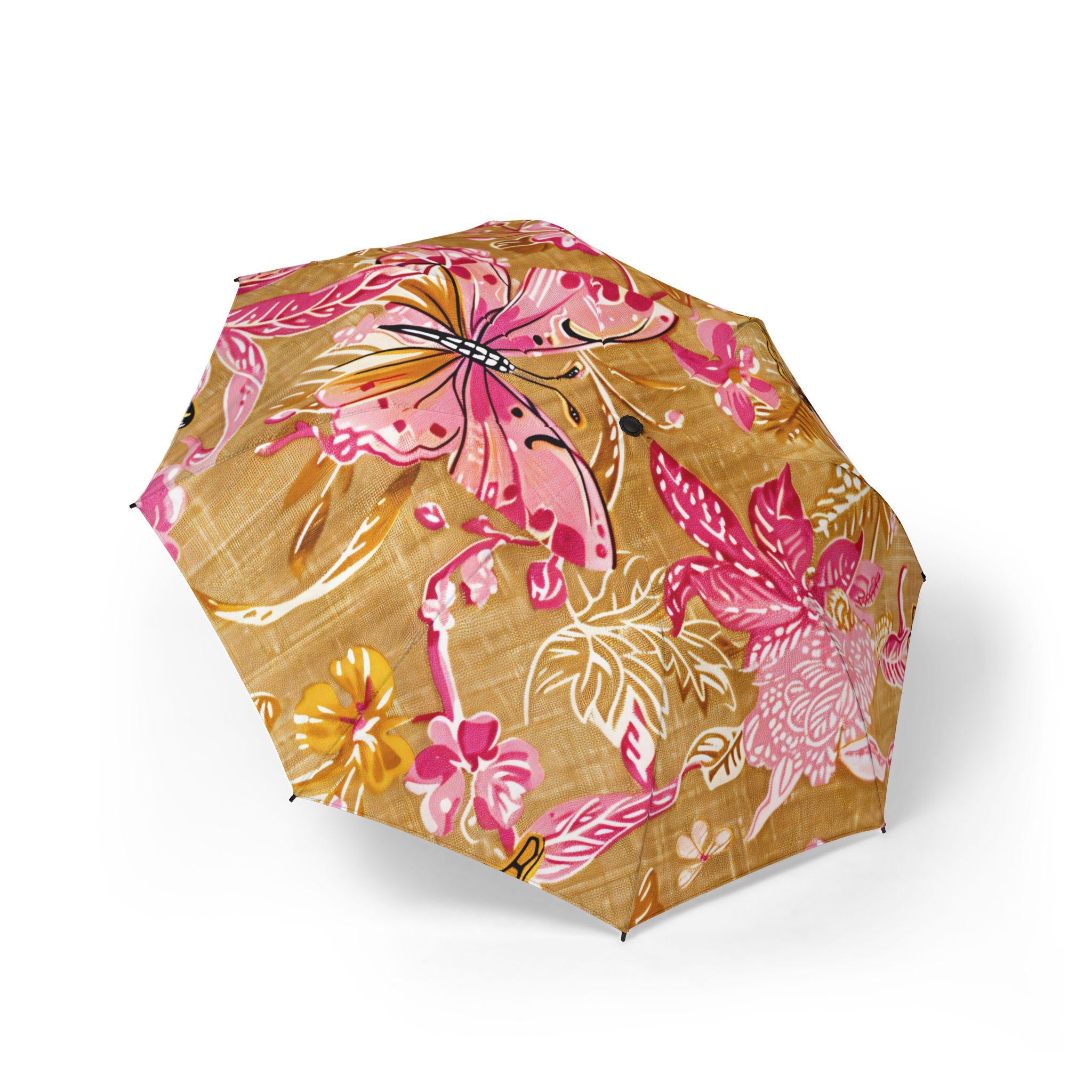 48" Floral Tan Umbrella Large, Windproof Travel Umbrella Vintage Botanical Rain Parasol Lightweight Folding Rain Accessory